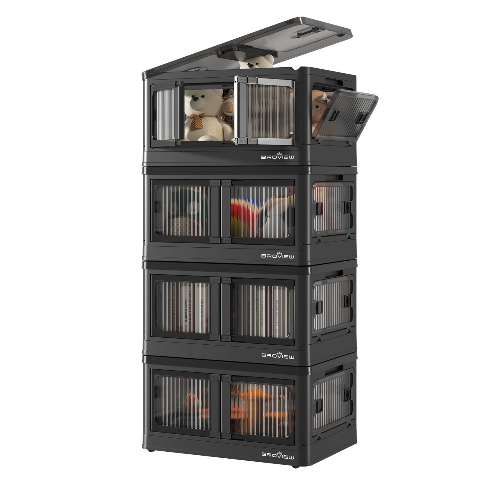 V5S 8.2 Gallon Closet Organizers & Storage Bins - 4 Pack Black Plastic Stackable Collapsible Containers with Lids, Wheels & Doors - Foldable Shelving for Home, Garage & Office Organization | Perfect for Clothes, Toys, Seasonal Items & Household Storage