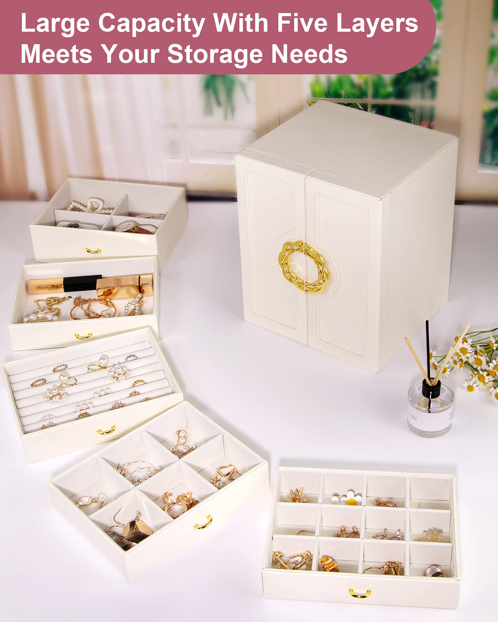 5-Drawer Large Jewelry Box Organizer - Leather Storage Case for Necklaces, Earrings, Rings, Watches & Bracelets | Elegant Stand-Up Holder | Perfect Gift for Women & Girls (White) | Ideal for Bedroom Vanity, Travel & Jewelry Display