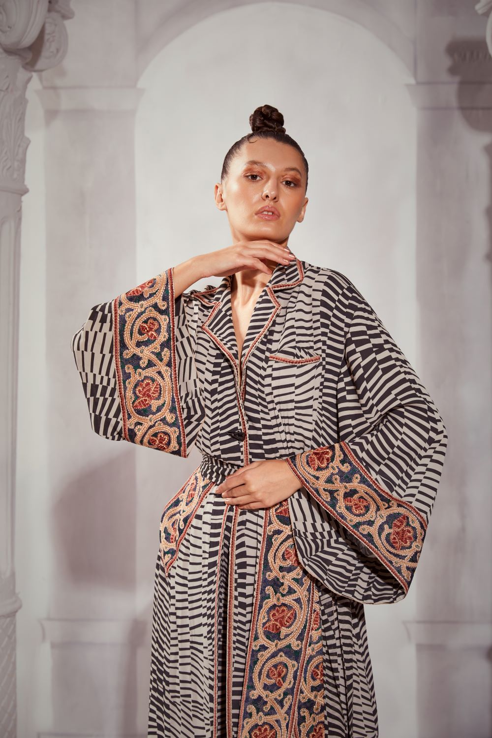 Black & White Byzantine Print Slit Dress with Tile Thread Embroidery - Elegant Boho Chic Maxi Dress for Women, Perfect for Weddings, Parties & Special Occasions