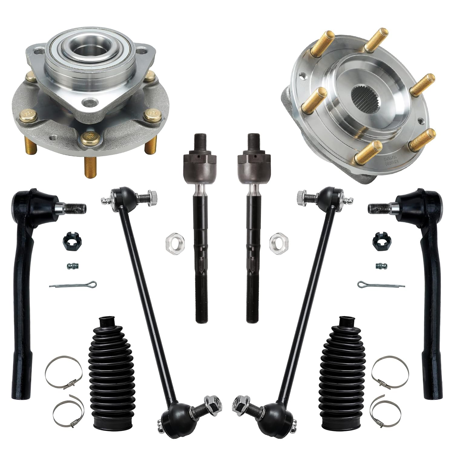Detroit Axle - 10pc Front Wheel Bearing & Hub Assembly Kit with Inner/Outer Tie Rod Ends, Boots & Sway Bar Links - Compatible with 2006-2014 Kia Sedona & 2007-2008 Hyundai Entourage - Perfect for DIY Auto Repairs & Suspension Maintenance
