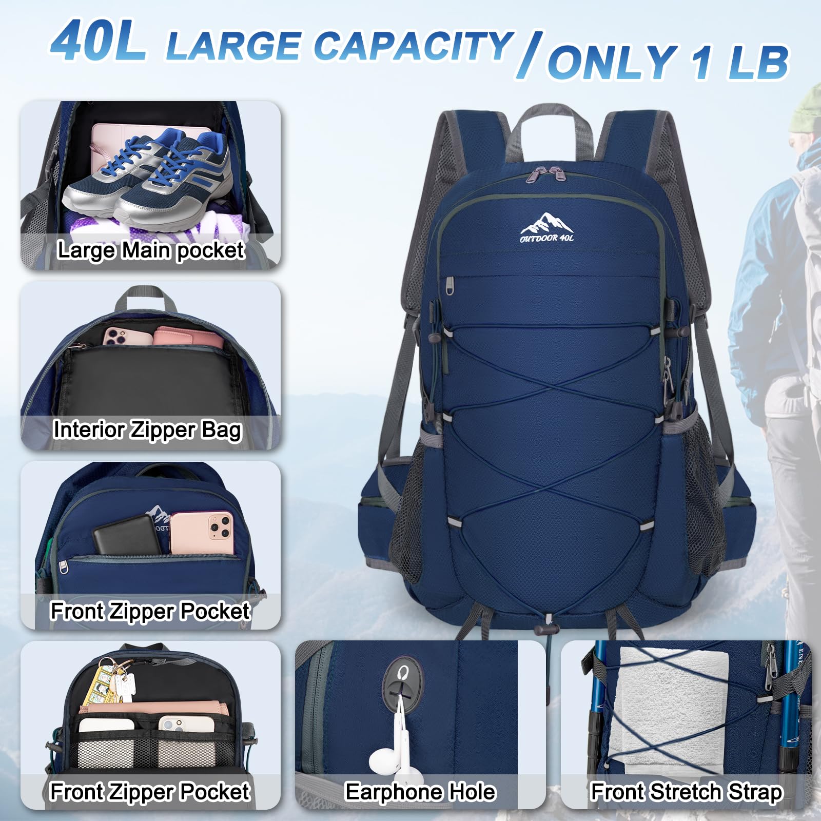 Lightweight 40L Hiking Backpack - Waterproof & Foldable for Camping, Travel (Men & Women)