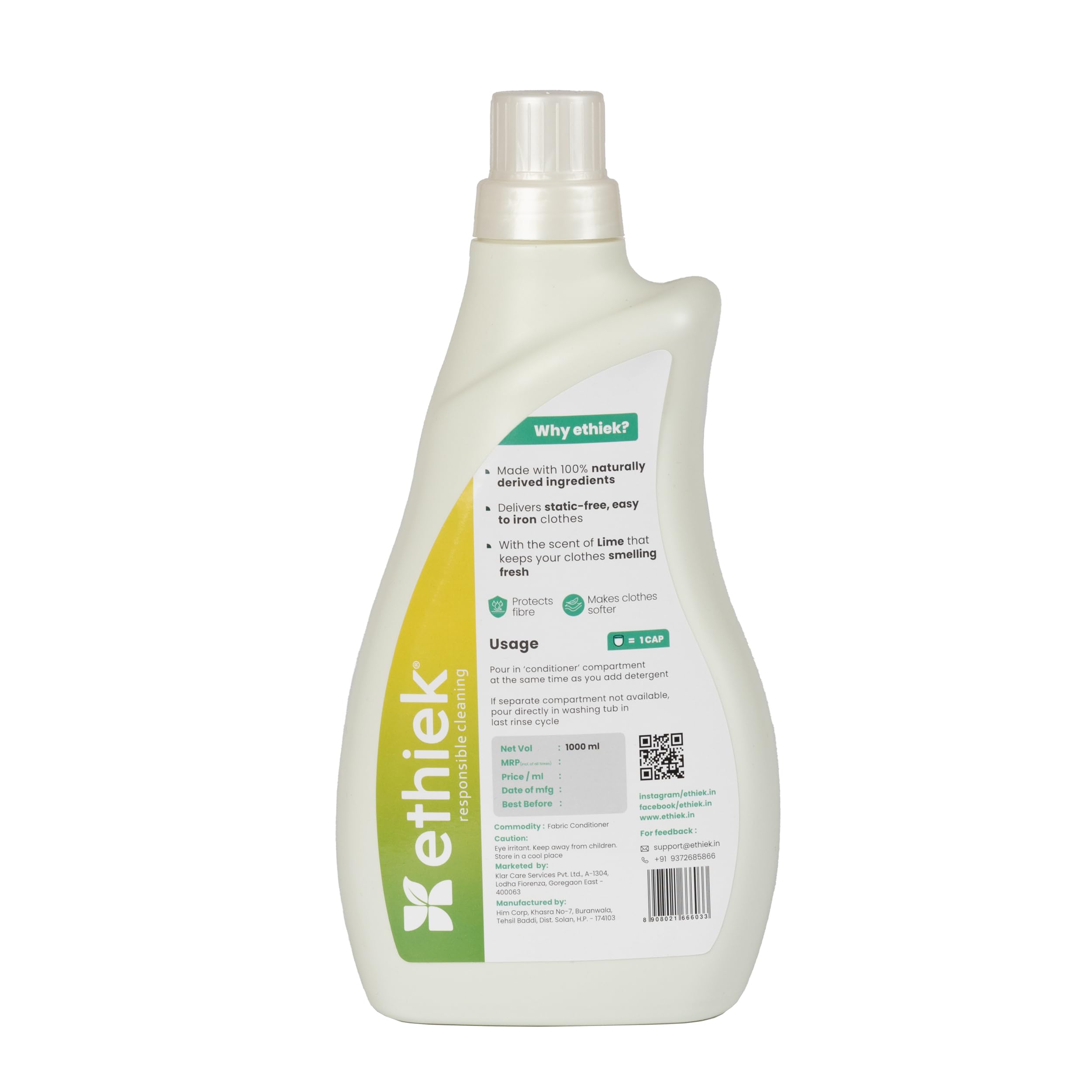 Ethiek Natural Fabric Conditioner & Fabric Softener - 1 Litre | Plant-Based, Non-Toxic, Eco-Friendly & Organic | Softens Clothes with Lemon Freshness | Protects Fabric Shine | Safe for Wool & Baby Clothes | Perfect for Laundry, Delicates & Sustainable Home Care