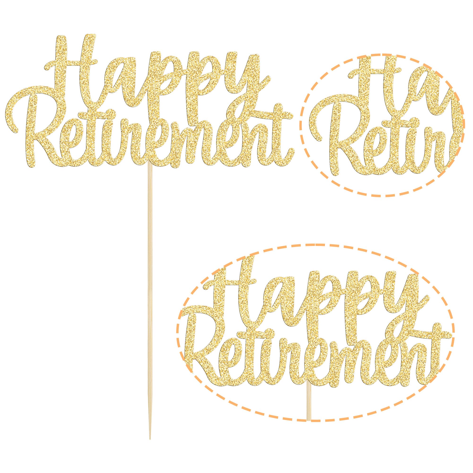 Gold Glitter Happy Retirement Cake Topper - 1 Pack Cake Decoration Picks for Retirement Party, Farewell Celebration & Retirement Cake Decorating Supplies | Perfect for Retirement Cakes, Cupcakes & Dessert Displays