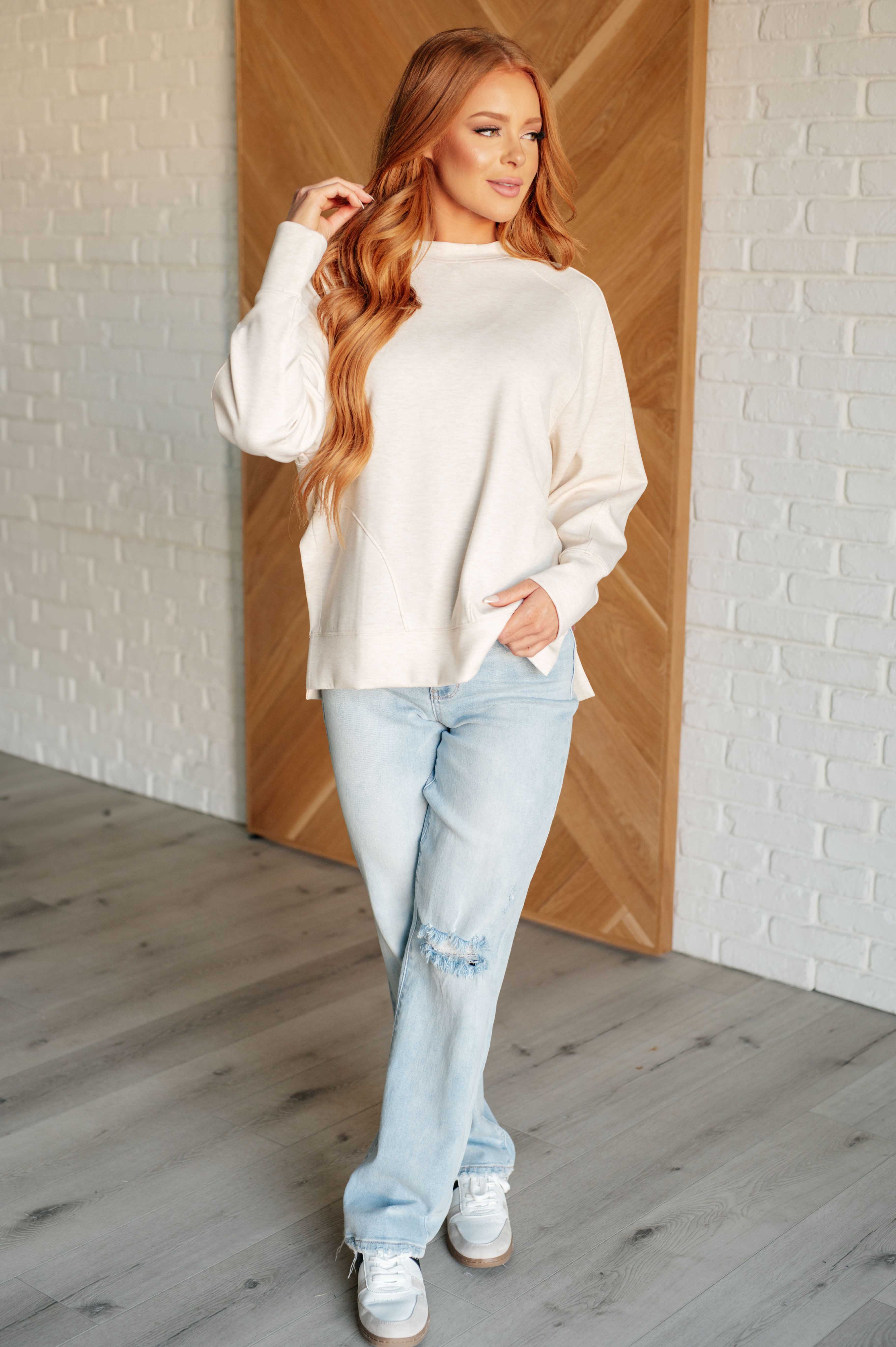 Relaxed Beige Scuba Pullover Sweatshirt for Women - Cozy Casual Wear for Lounge, Travel & Everyday Outfits