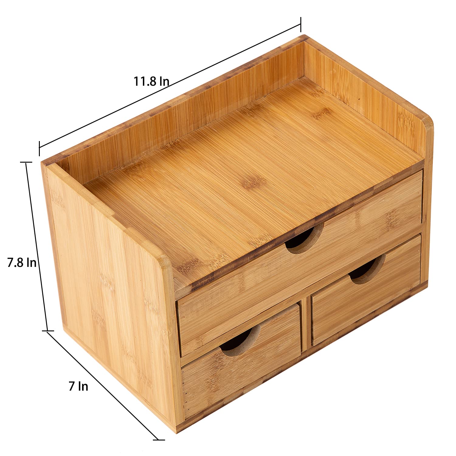 Rustic Distressed White 3-Tier Bamboo Desk Organizer with 3 Drawers - Mini Desk Storage Shelf for Office, Vanity & Bathroom - Perfect for Organizing Stationery, Makeup & Toiletries
