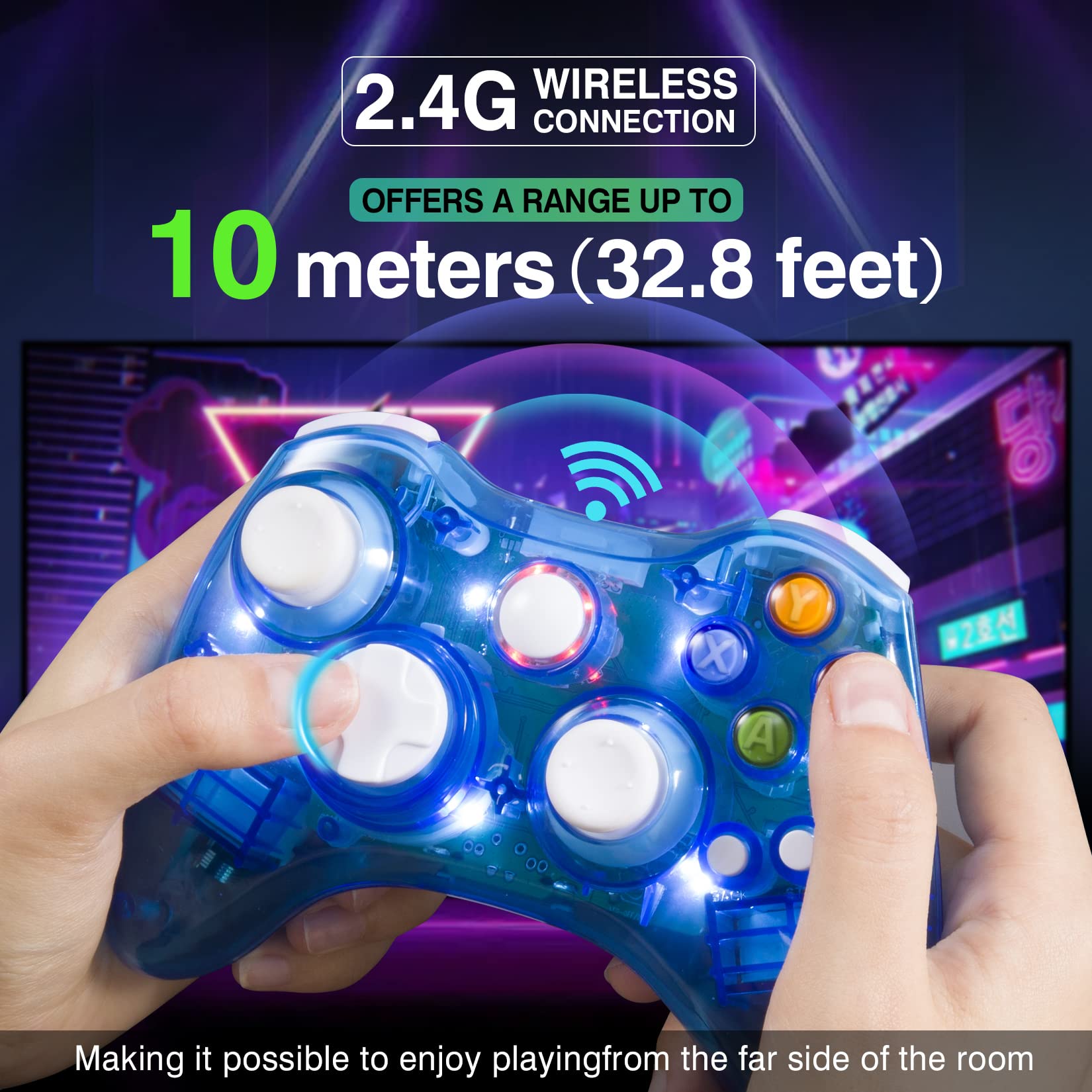 PAWHITS Wireless Xbox 360 Controller - LED Gamepad for Xbox 360 & PC - Enhanced Joystick & Vibration for Gaming (Blue)