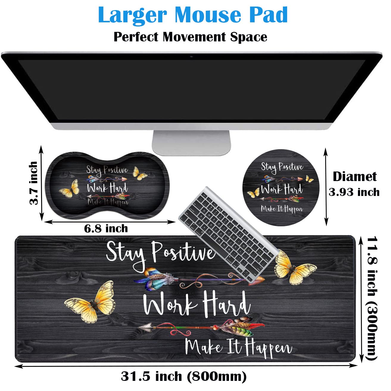 3-Piece Premium Mouse Pad Set with Stitched Edge - Extra Large Non-Slip Desk Mat, Keyboard Pad & Memory Foam Wrist Rest - Includes Bonus Coaster - Motivational 
