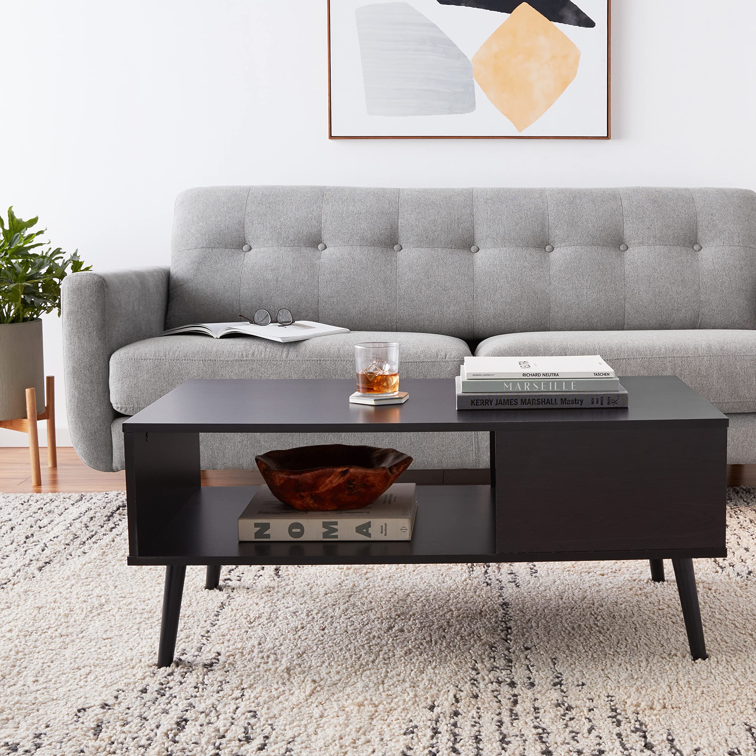 Furinno Claude Mid Century Modern Coffee Table with Wood Legs - Espresso Brown Large Non-Lift Top - Perfect for Living Room, Office & Small Spaces
