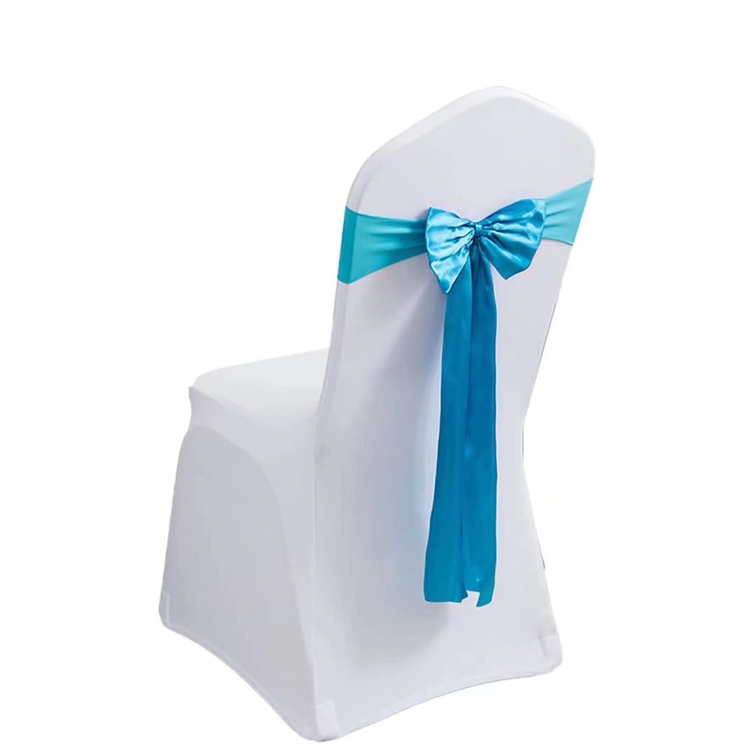 10 Pack Satin Stretch Chair Sash Bows - No-Tie Spandex Chair Bands & Ribbons for Wedding, Banquet, Party Decor (Lake Blue) | Perfect for Hotel Events, Birthday Receptions & Special Occasions