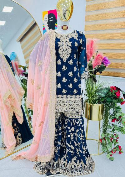 Elegant Peacock Blue Georgette Wedding Sharara Suit Set for Brides | Indian Pakistani Formal Outfit | Perfect for Mehendi, Sangeet & Reception Ceremonies