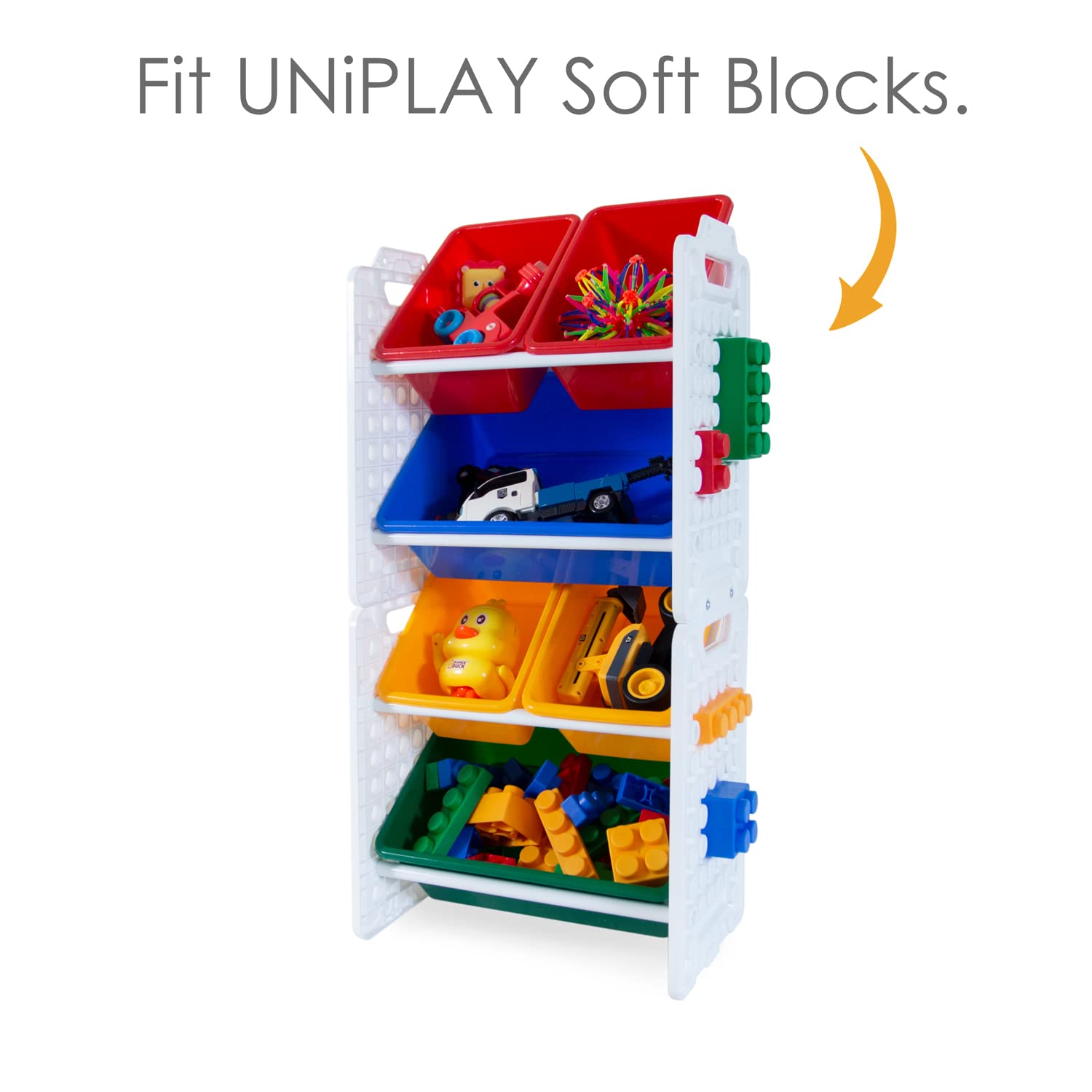 UNiPLAY 6-Bin Toy Organizer with Removable Storage Bins - Kids Bookshelf, Lego Storage, School Supplies Organizer - Sturdy Baseplate Frame (Primary Colors) - Perfect for Playrooms, Classrooms & Home Organization