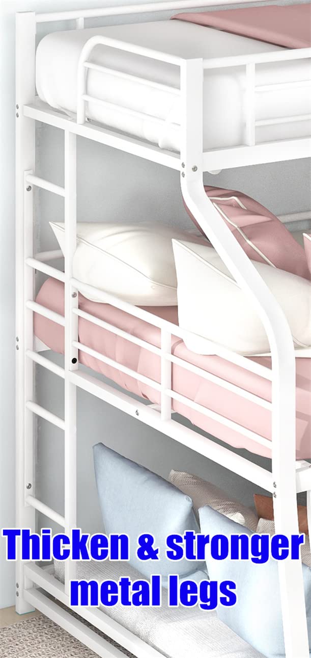 Upgraded Heavy Duty Metal Triple Bunk Bed for Kids, Teens & Adults - Sturdy Steel Twin XL Over Full XL Over Queen Size Bunk Bed (White) - Perfect for Dorms, Hostels, Vacation Homes & Space-Saving Bedrooms