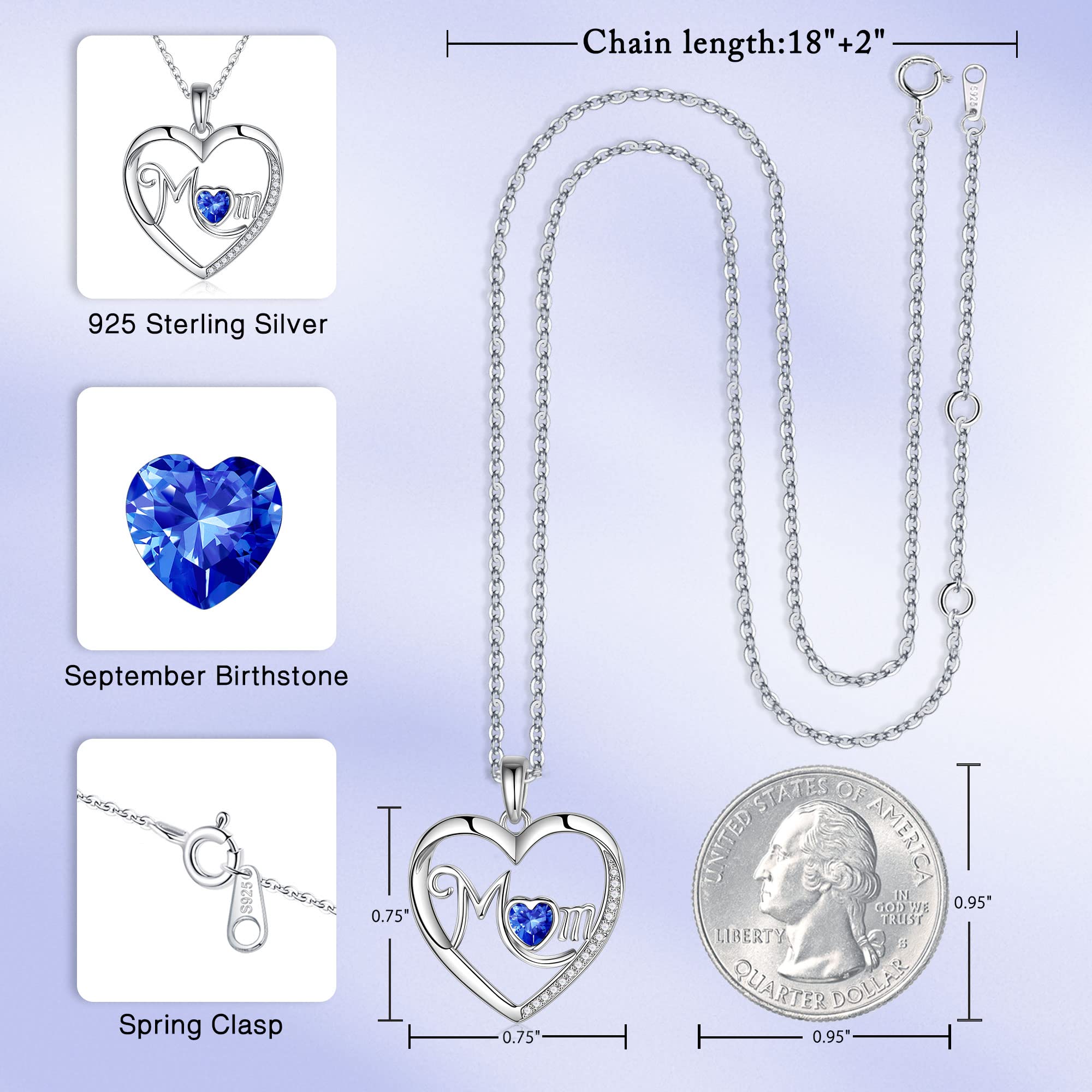 925 Sterling Silver Heart Birthstone Necklace for Mom - Personalized Mother's Jewelry Gift for Birthday, Anniversary, Christmas | Elegant Pendant for Women, Grandma, Daughter | Perfect for Special Occasions & Everyday Wear