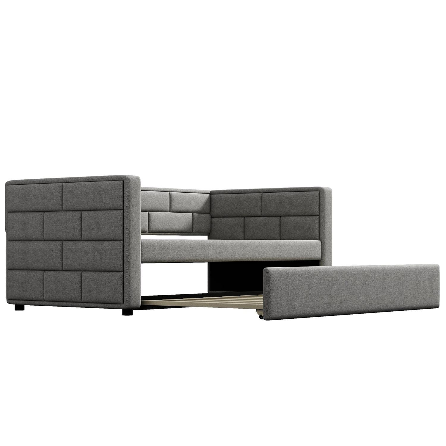 JINS&VICO Twin Size Upholstered Daybed with Trundle - Gray Padded Back Sofa Bed for Small Spaces, Guest Room & Dormitory Use