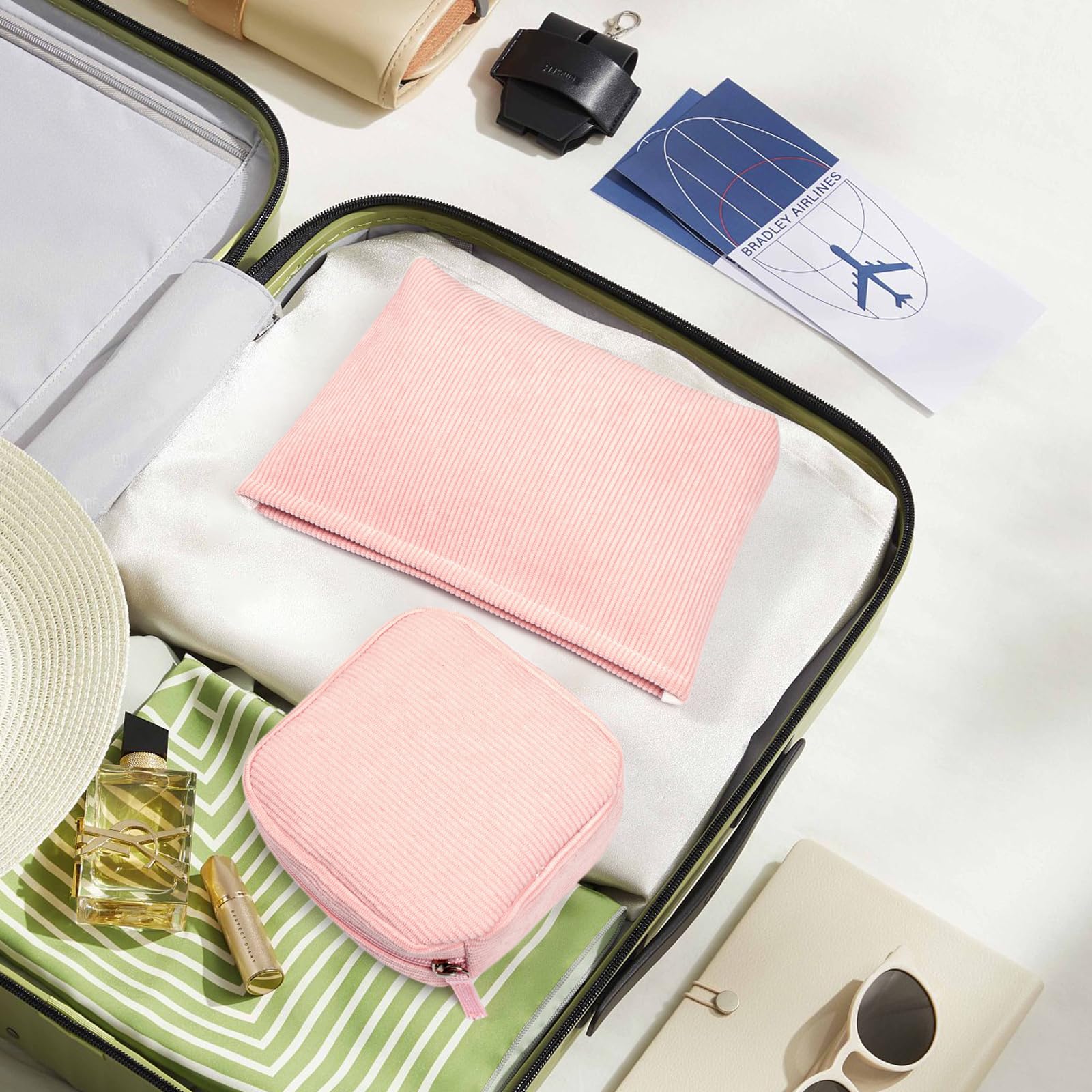 KOTORA 2-Pack Corduroy Makeup Bag Set - Preppy Travel Cosmetic Organizer with Zipper, Small Cute Makeup Pouch for Women | Perfect for Purse, Toiletry Bag & Gift Idea