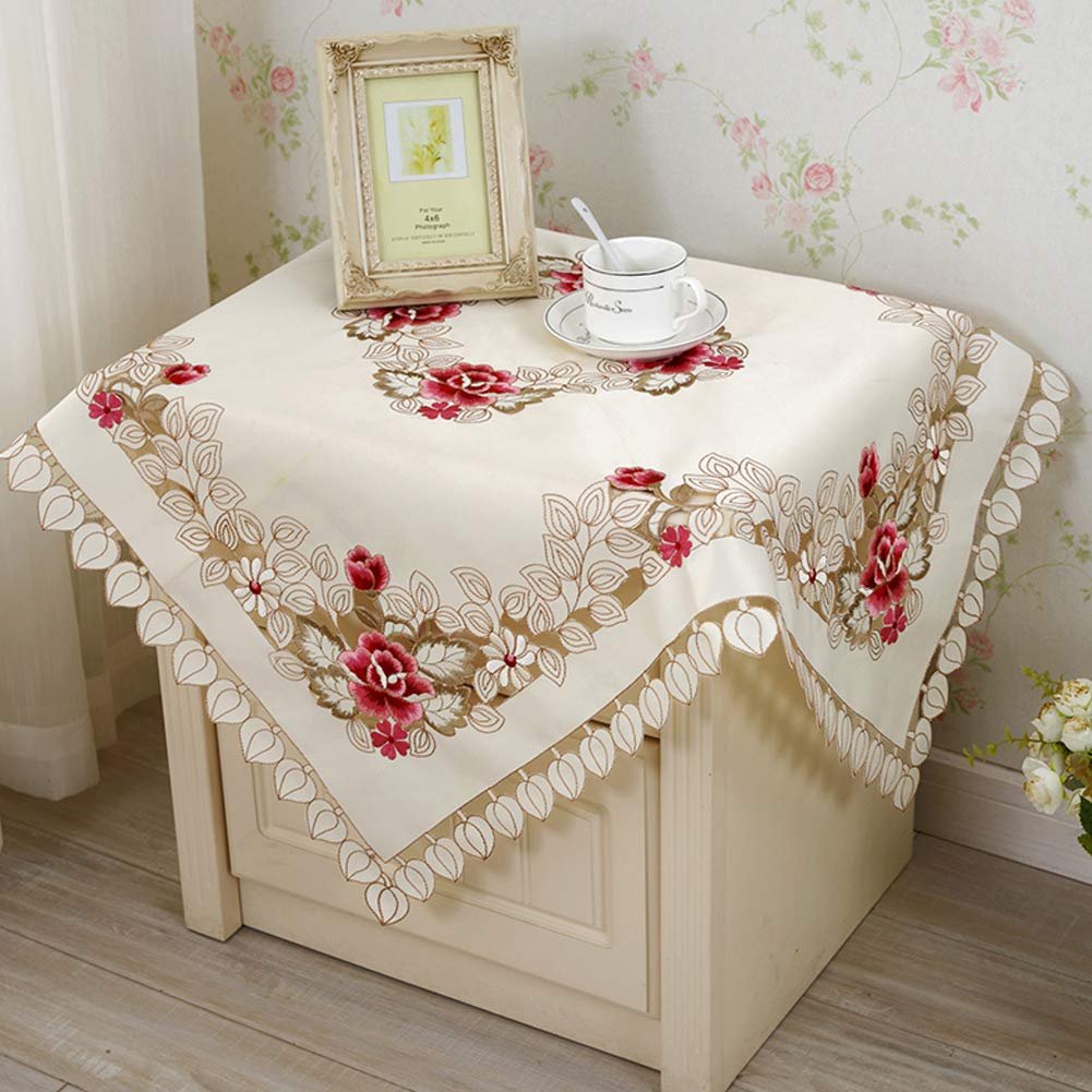 LeLehome 57 Inch Square Floral Embroidered Tablecloth - Classic Beige Lace with White Roses & Leaves Design, Elegant Dining Table Cover for Wedding, Party, Festival, Home & Kitchen Decor | Perfect for Holiday Gatherings, Anniversary Dinners & Special Occasions
