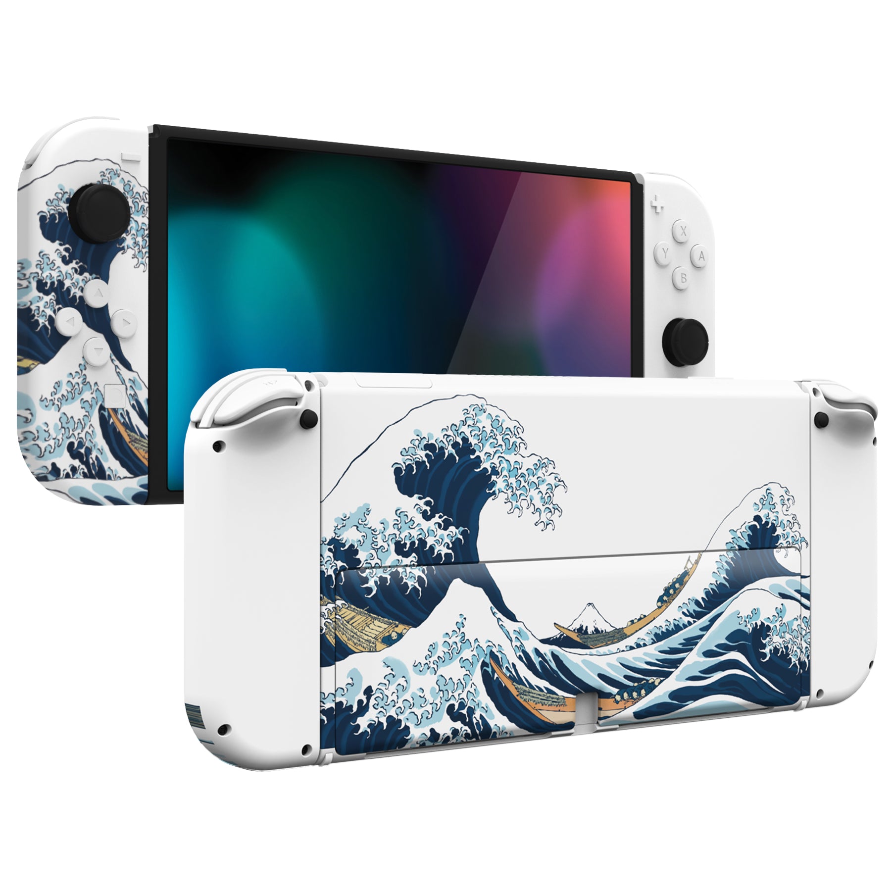 eXtremeRate The Great Wave Off Kanagawa Full Shell Set for Nintendo Switch OLED - Replacement Back Plate, Kickstand & Joycon Controller Housing with Full Button Set | Gaming Accessories for Travel & Home Entertainment