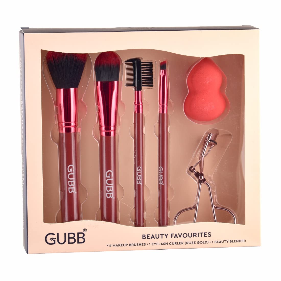 GUBB Beauty Surprise Kit - 4 Professional Makeup Brushes Set (Powder, Foundation, Eyeliner & Eyebrow) with Beauty Blender & Eyelash Curler | Perfect for Makeup Artists & Beginners | Home & Travel Use