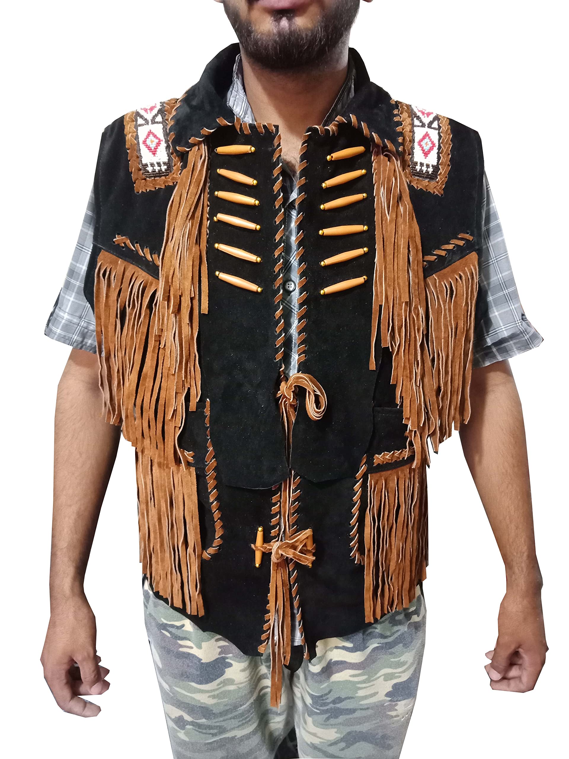 Men's Traditional Cowboy Western Suede Leather Vest with Fringe - Black Native American Style Vest for Rodeo, Country Music Festivals & Western Fashion