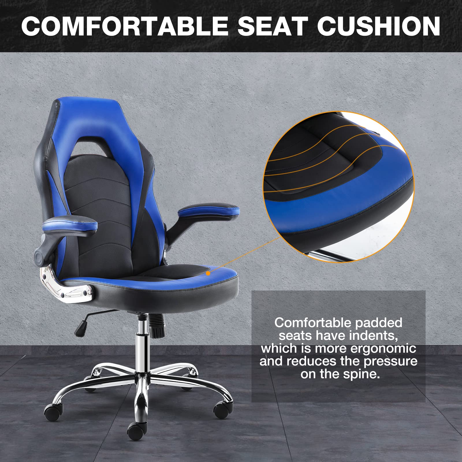 OLIXIS Ergonomic Gaming & Office Chair - Adjustable PU Leather Executive Swivel Desk Chair with Flip-Up Armrests, Lumbar Support - Perfect for Home Office, Gaming Setup, Study & Work (Grey-Blue, Model A-95blue)