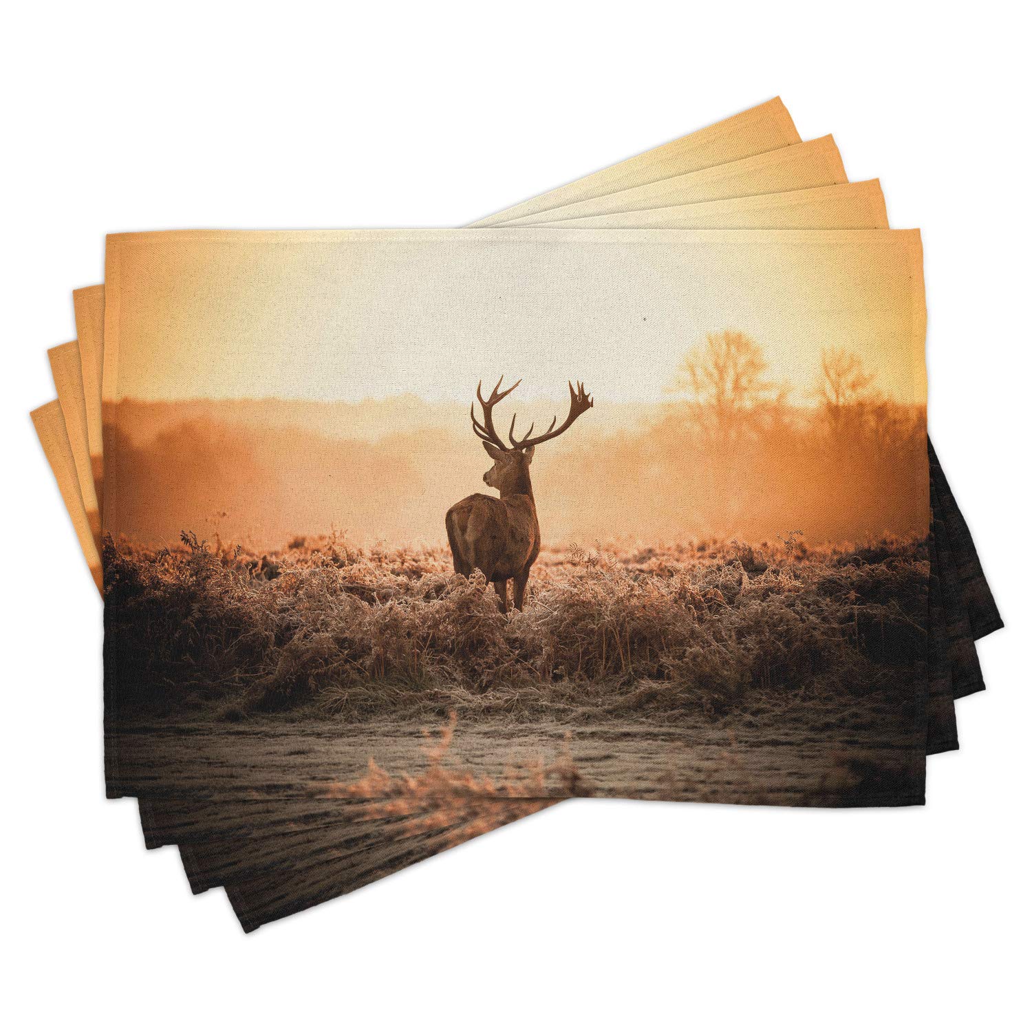 Ambesonne Hunting Placemats Set of 4 - Red Deer in Morning Sun Wilderness Nature Scenery, Washable Fabric Dining Table Mats, Standard Size (Brown/Orange) - Perfect for Rustic Cabin, Lodge, or Country-Themed Home Decor