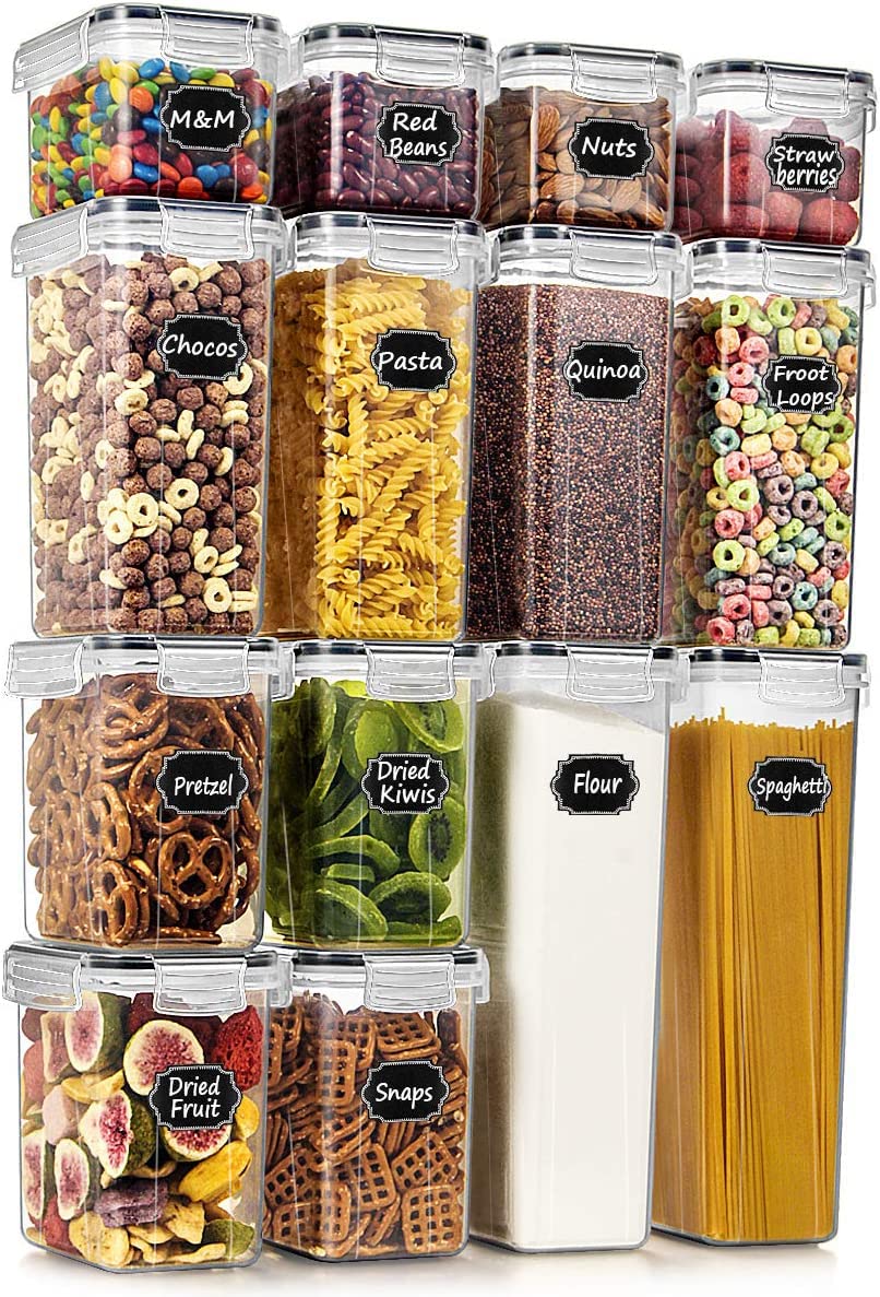 Wildone 14-Piece Airtight Food Storage Containers Set with Lids - BPA-Free Plastic Kitchen Organizers for Pantry, Cereal, Flour, Sugar, Rice & Dry Food Storage - Includes 20 Labels & Marker (Ideal for Meal Prep, Baking Supplies & Kitchen Organization)