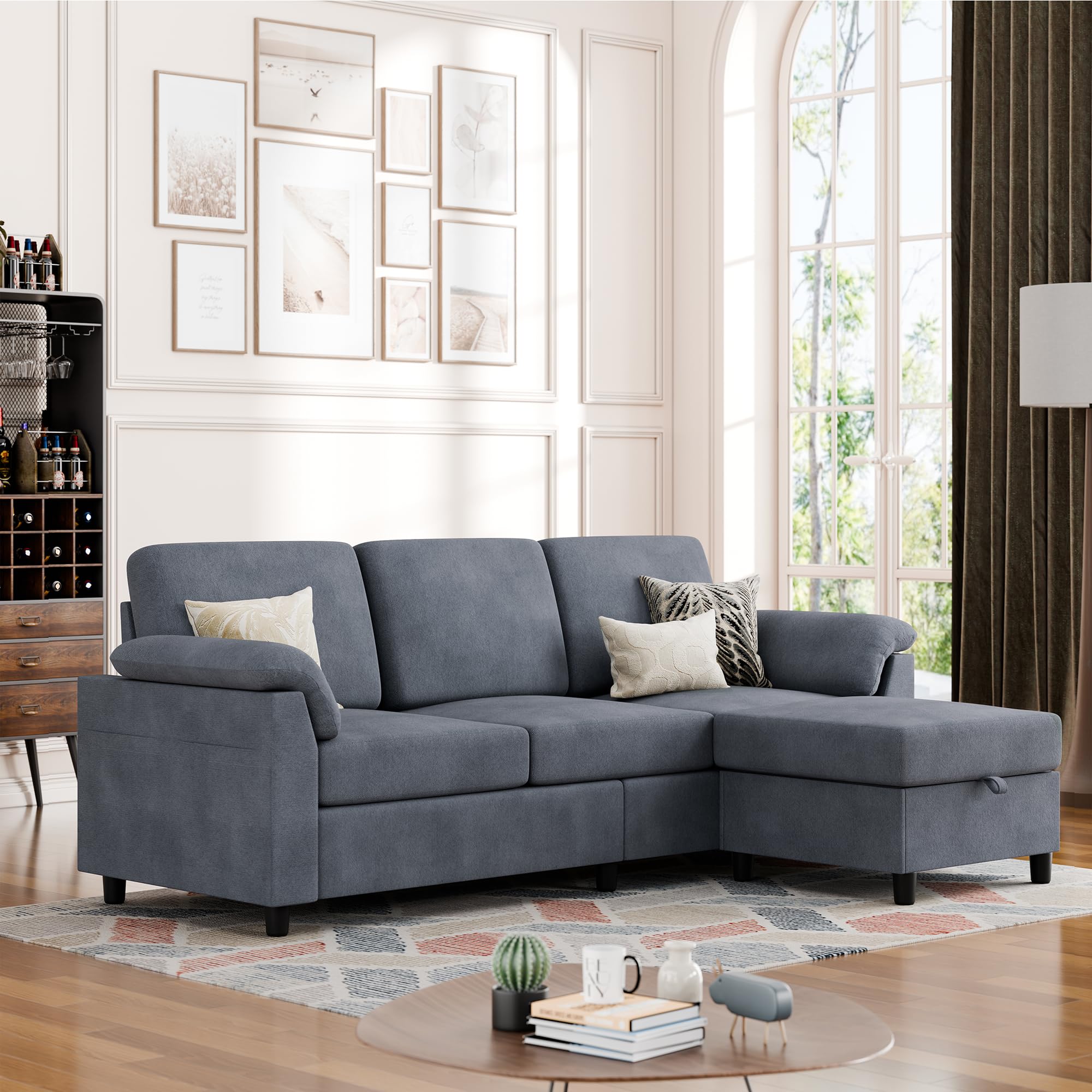 Vongrasig Convertible 3-Seat L-Shaped Sectional Sofa with Removable Pillows - Mid Century Modern Linen Fabric Couch for Living Room, Apartment & Office - Gray | Space-Saving Convertible Design for Small Spaces