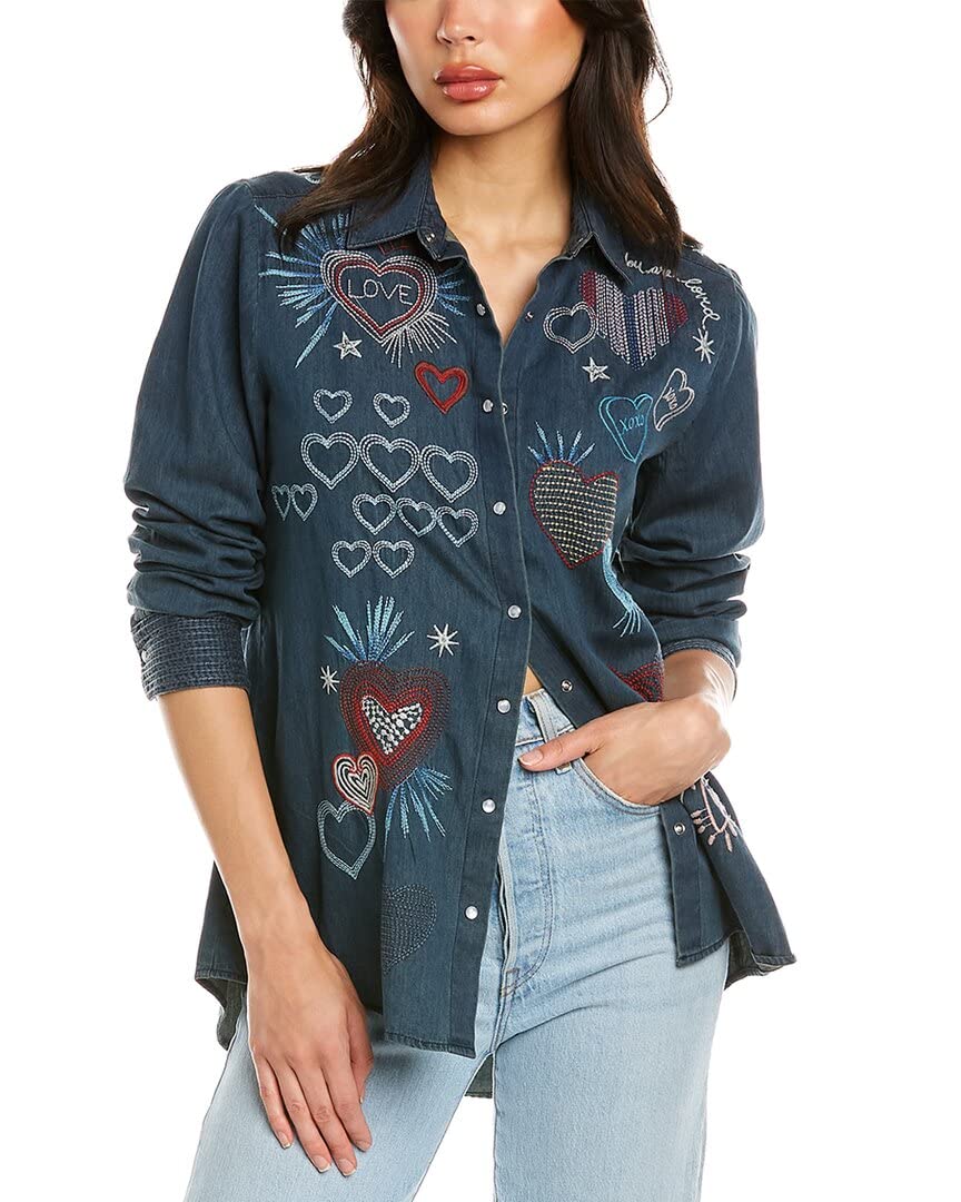 Johnny Was Women's Amour Shirt - Long Sleeve Boho Blouse in Blue, Size L | Flowy Hippie Top for Casual Wear, Music Festivals & Beach Outfits
