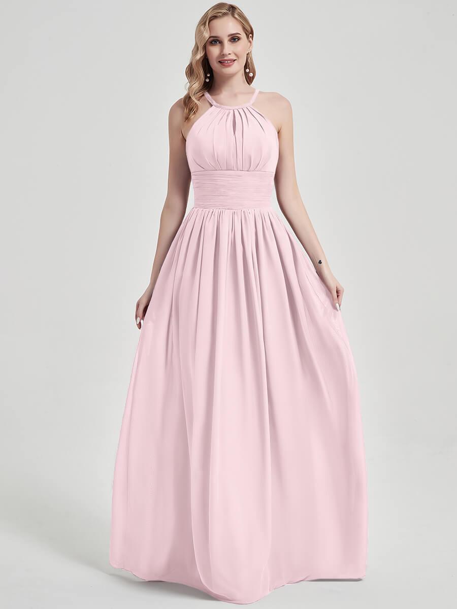 Elegant Blush Pleated Halter Neck Sleeveless A-Line Chiffon Bridesmaid Dress for Weddings & Formal Events - Perfect for Bridal Party, Prom & Evening Occasions