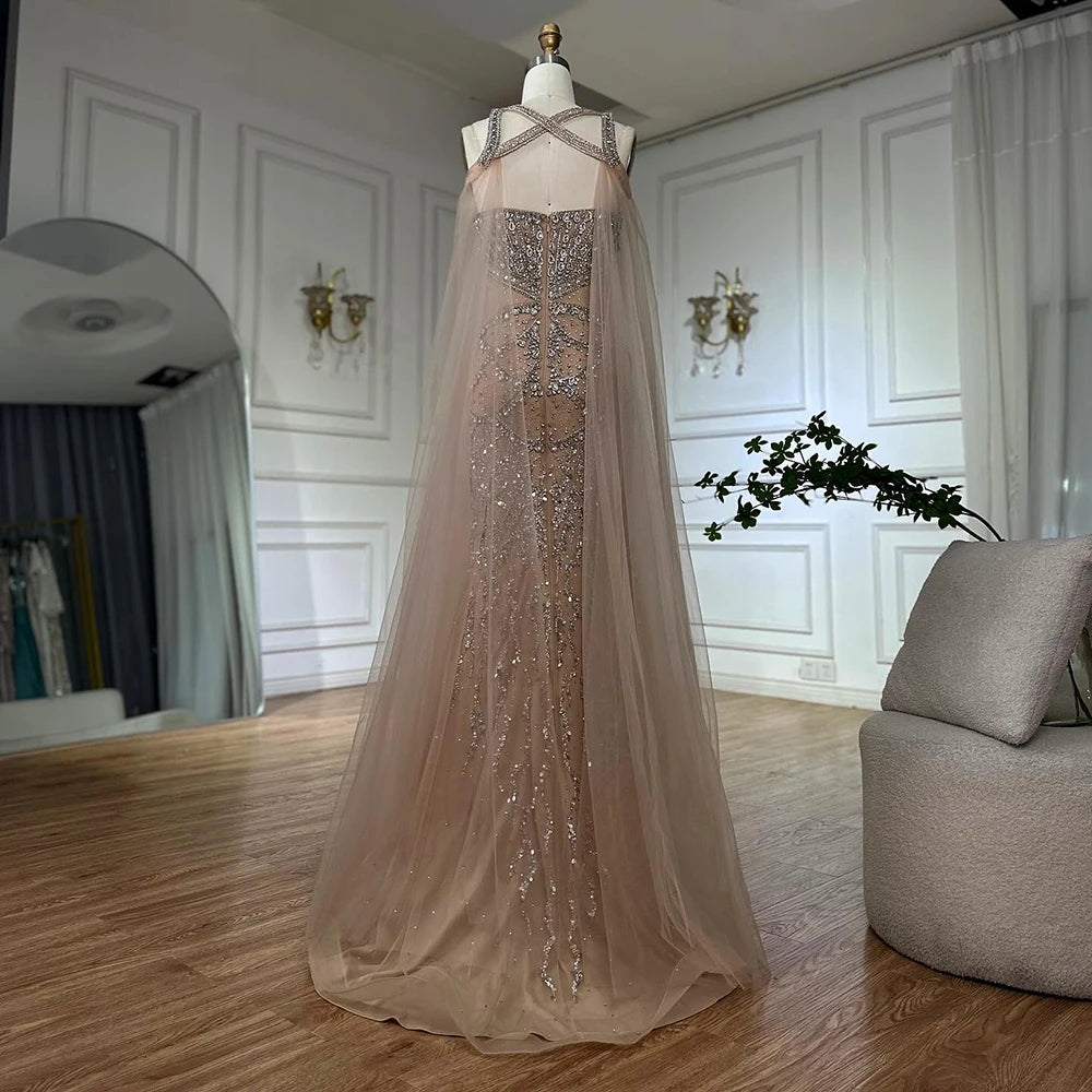 Luxury Dubai Nude Cape Sleeves Beaded Crystal Arabic Evening Dresses Gowns For Women Wedding Party LA72806 - Elegant Formal Gown for Bridal Shower, Red Carpet Events & Special Occasions