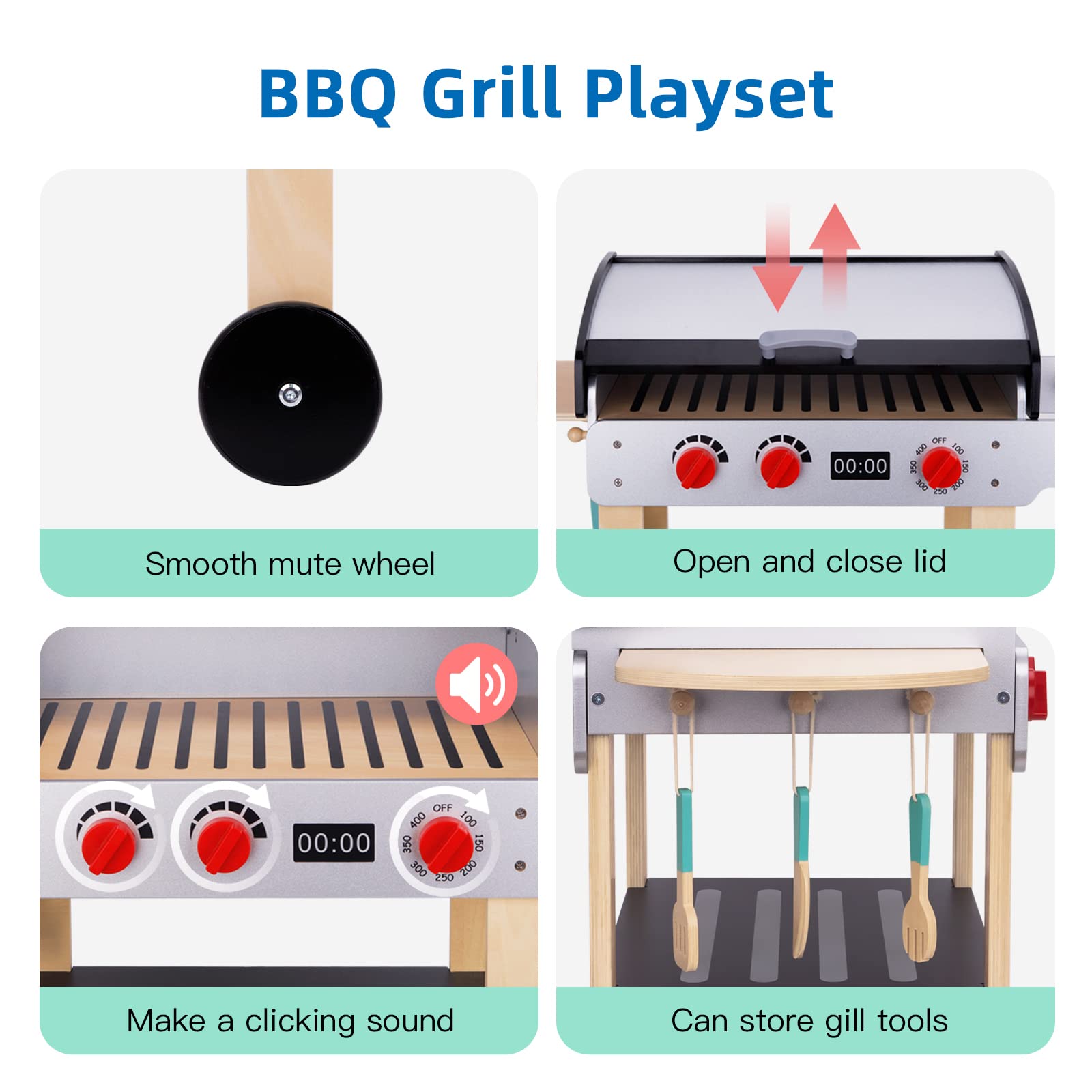 **Wooden Play BBQ Grill Toy Set for Kids - Pretend Play Kitchen Accessories with Toy Food & Grilling Tools - Perfect for Toddlers Boys & Girls Ages 3+ - Outdoor & Indoor Imaginative Play**