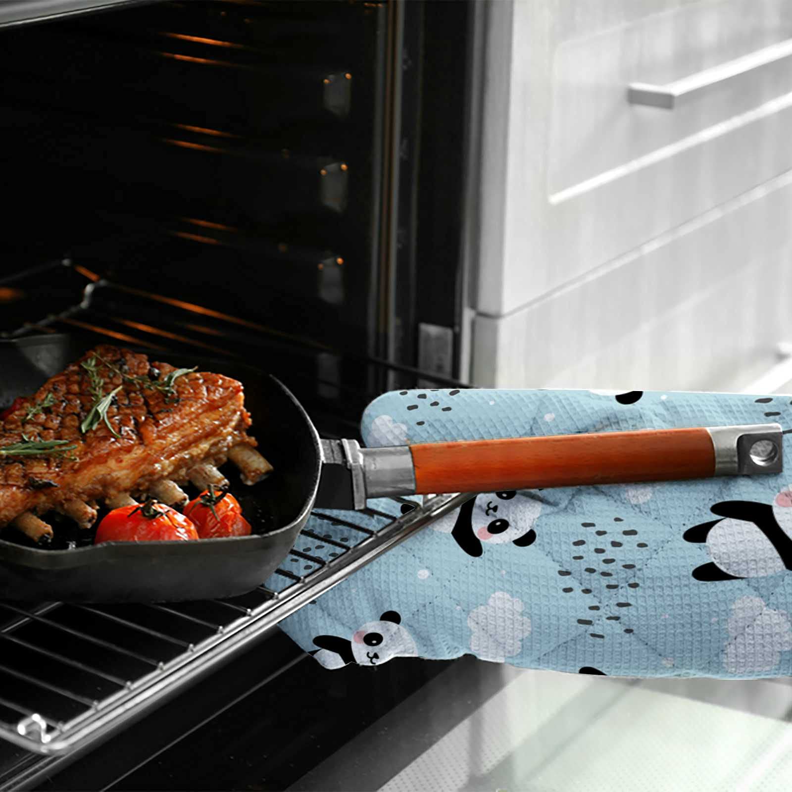 Cute Panda Blue Adjustable Kitchen Apron Set with Pockets, Oven Mitt & Pot Holder - 3 Piece Cooking Accessories for Baking, Grilling & Microwave Use