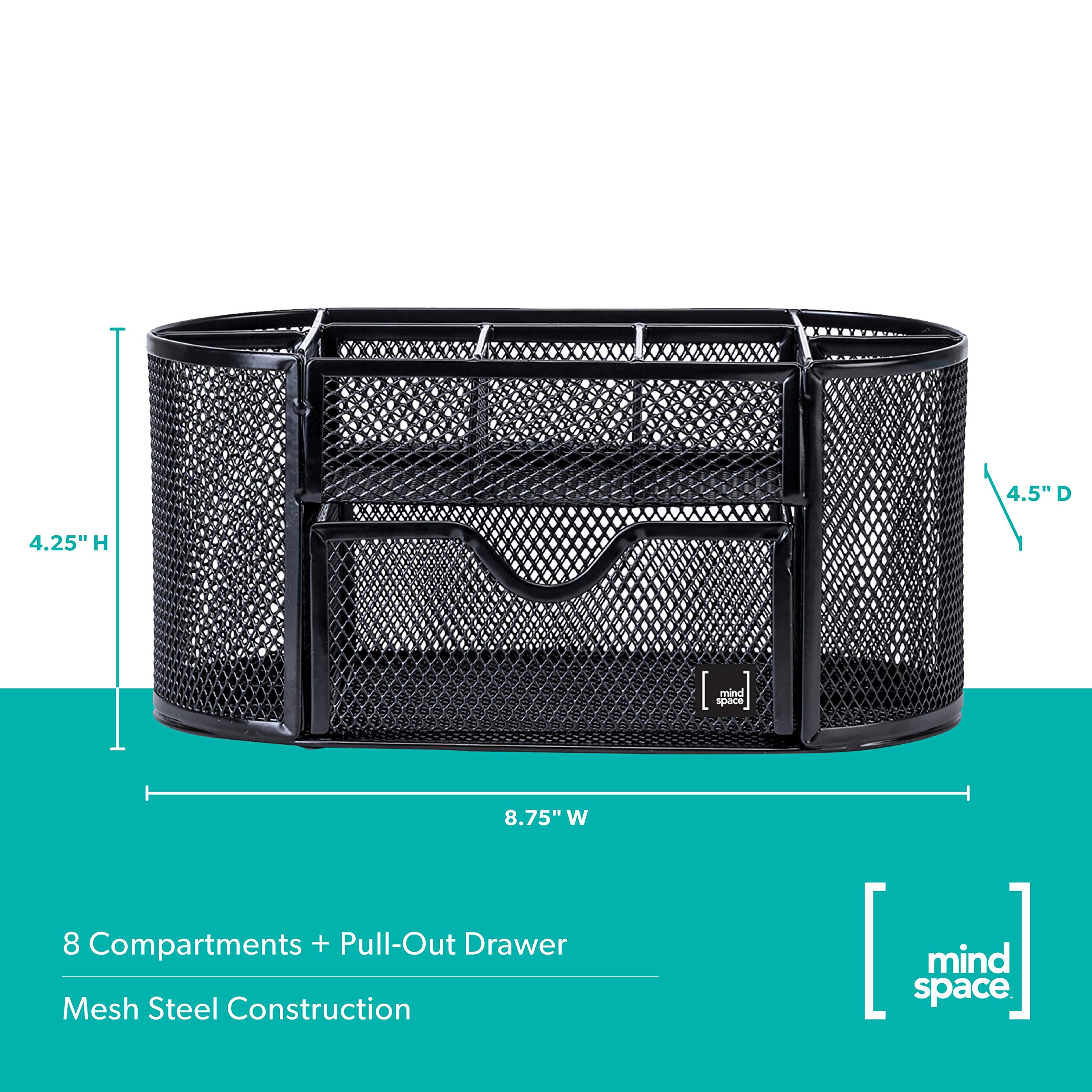 Mindspace Mesh Desk Organizer with 8 Compartments & Drawer - Black Office Desk Caddy for Pens, Pencils, Paper Clips & Office Supplies | Perfect for Home Office, Study Desk & Workspace Organization