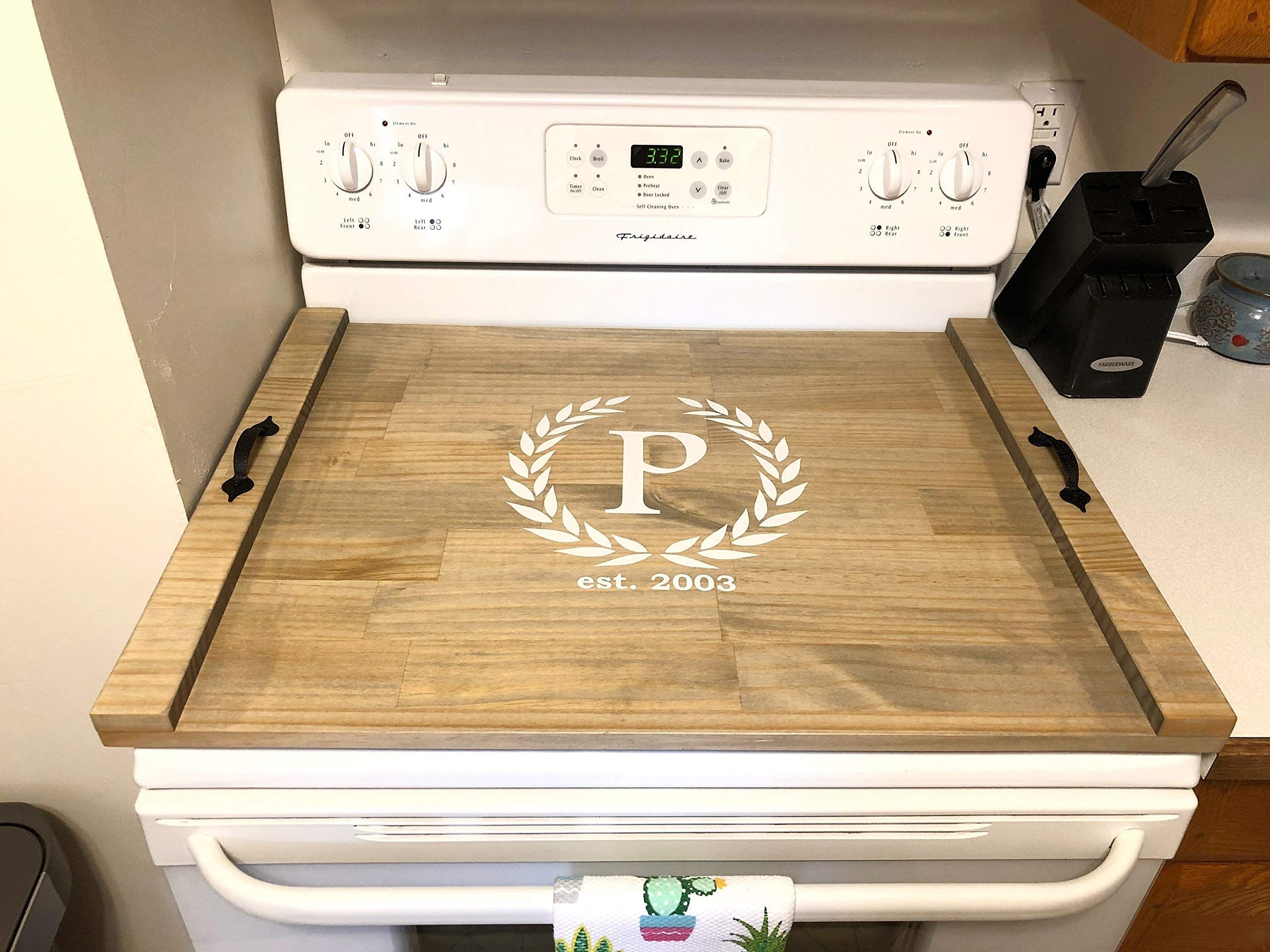 Rustic Wood Stove Top Cover - Decorative Wooden Tray for Stove - Personalized Kitchen Countertop Protector - Perfect for Farmhouse Style Kitchens & Holiday Decor