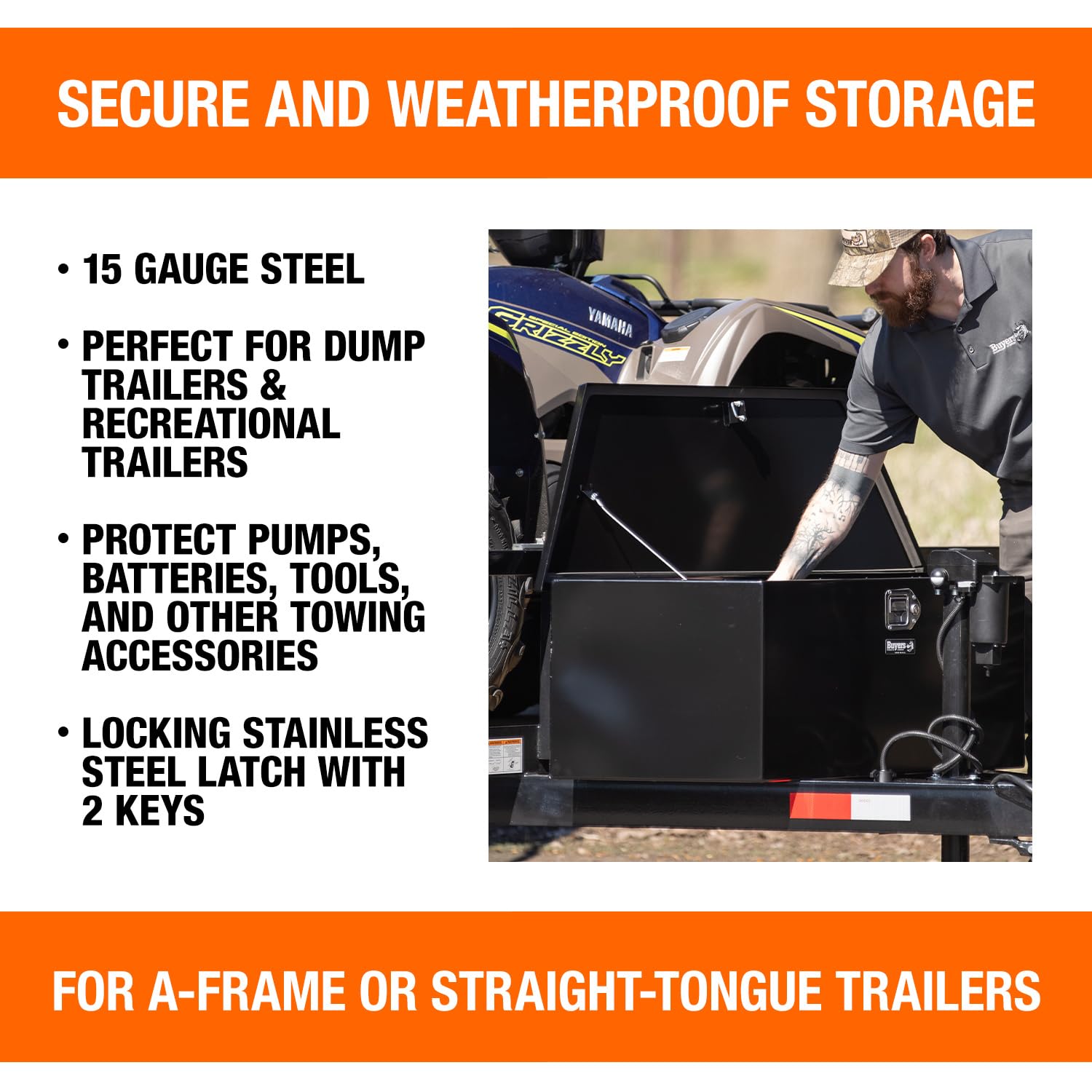 Buyers Products 1701281 Steel Trailer Tongue Box - 12.3 x 12.6 x 27.1 Inch Gloss Black Tool Storage Box | Made in USA | Heavy-Duty Organizer for Camping Gear, Tools & Trailer Accessories | Weatherproof Truck Bed & RV Storage Solution