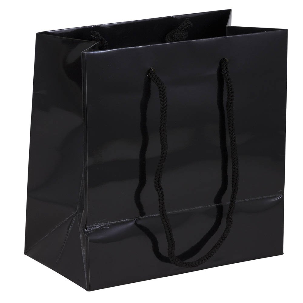JAM PAPER Small Square Gift Bags with Rope Handles - 100 Pack - Black Glossy for Party Favors