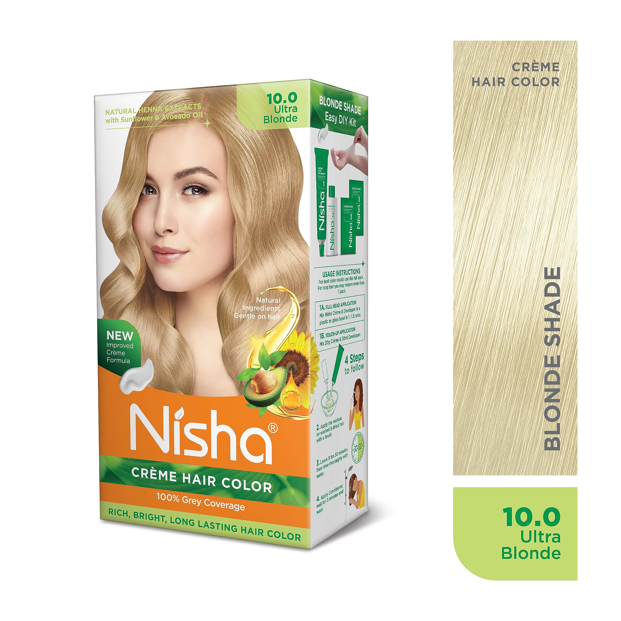 Nisha Creme Hair Color - Permanent Ultra Blonde Hair Dye with Natural Henna Extract | 100% Grey Coverage, Ammonia-Free, Silky & Shiny Results (60g+60ml) | Perfect for At-Home Hair Coloring & Salon-Quality Touch-Ups