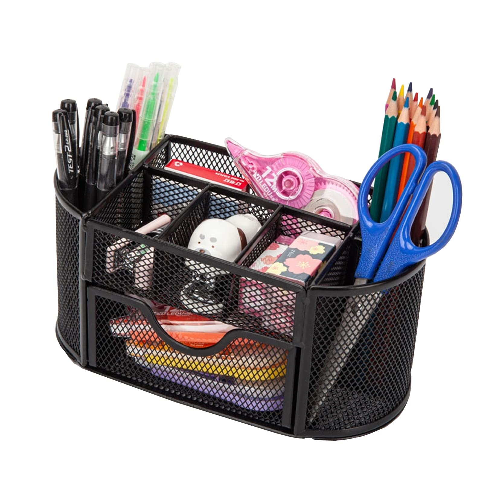 Mesh Pen Holder with 8 Compartments & Drawer - Desk Organizer for Pencils, Pens & Office Supplies - Perfect for Home & Office Workspace Organization