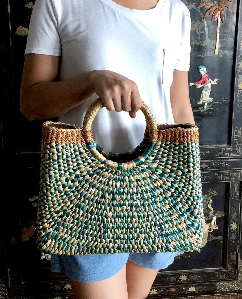 Handwoven Blue Straw Purse Basket - Eco-Friendly Beach Tote Bag with Top Handle for Women | Perfect for Summer Outings, Picnics, and Beach Vacations