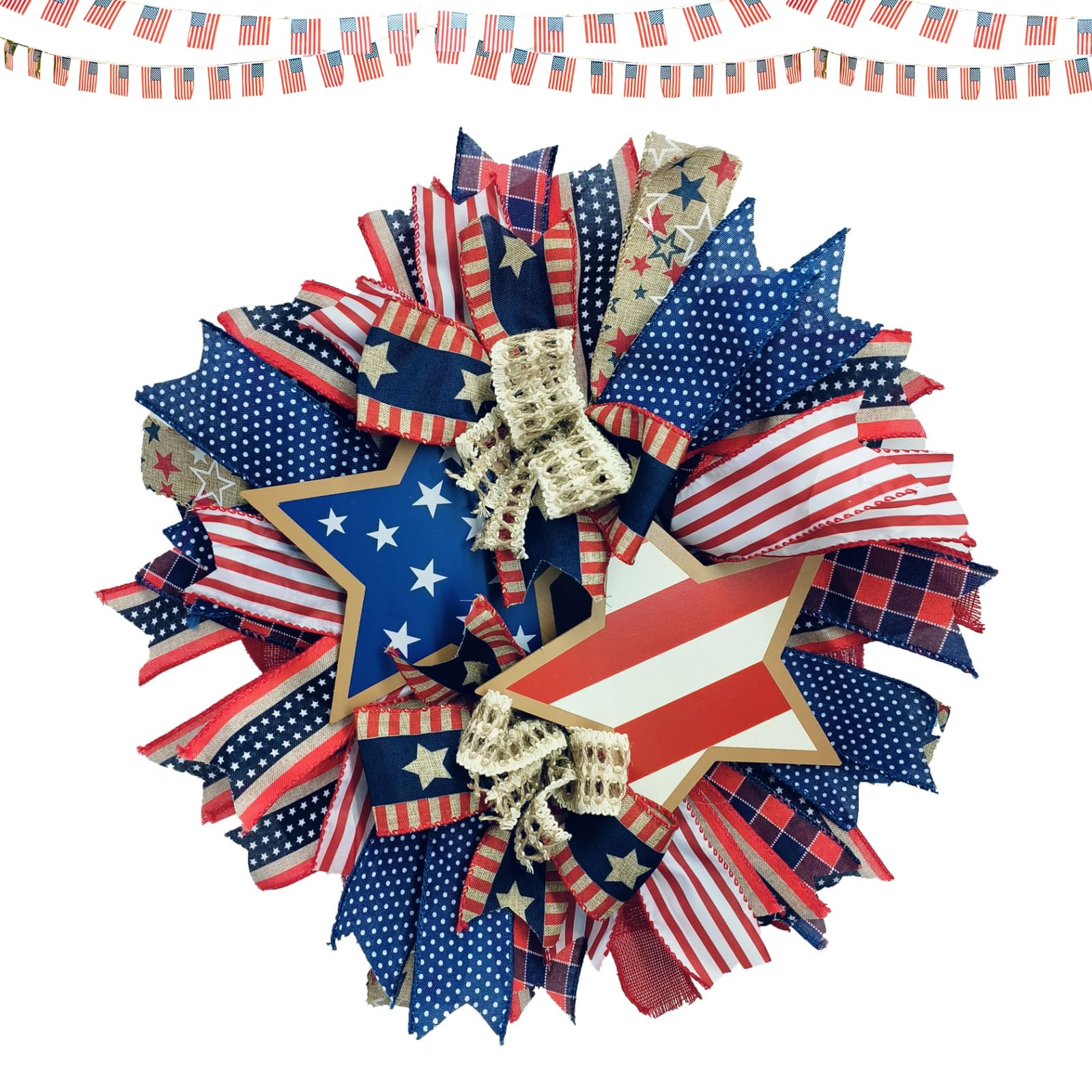 16-Inch Patriotic July 4th Wreath for Front Door - Red White Blue Stars & Bow Independence Day Decor | American Flag Theme Indoor/Outdoor Holiday Wreath for Home, Porch & Wall Decoration