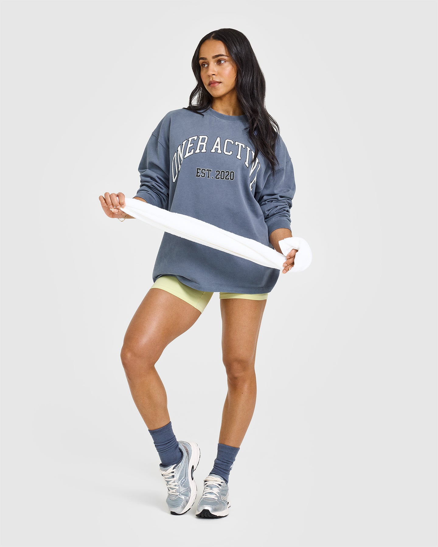 Oner Graphic Washed Long Sleeve Top for Women | Vintage Style Cotton Shirt in Granite Blue - Perfect for Casual Outfits, Streetwear & Layering