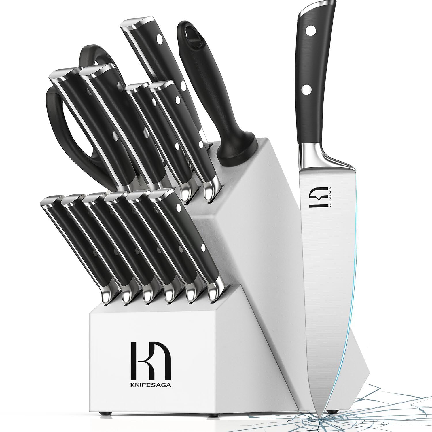 15-Piece Japanese Kitchen Knife Set with Block & Sharpener - High Carbon Stainless Steel Razor-Sharp Knives for Professional Chefs & Home Cooking - Perfect for Slicing, Dicing & Food Prep (White)