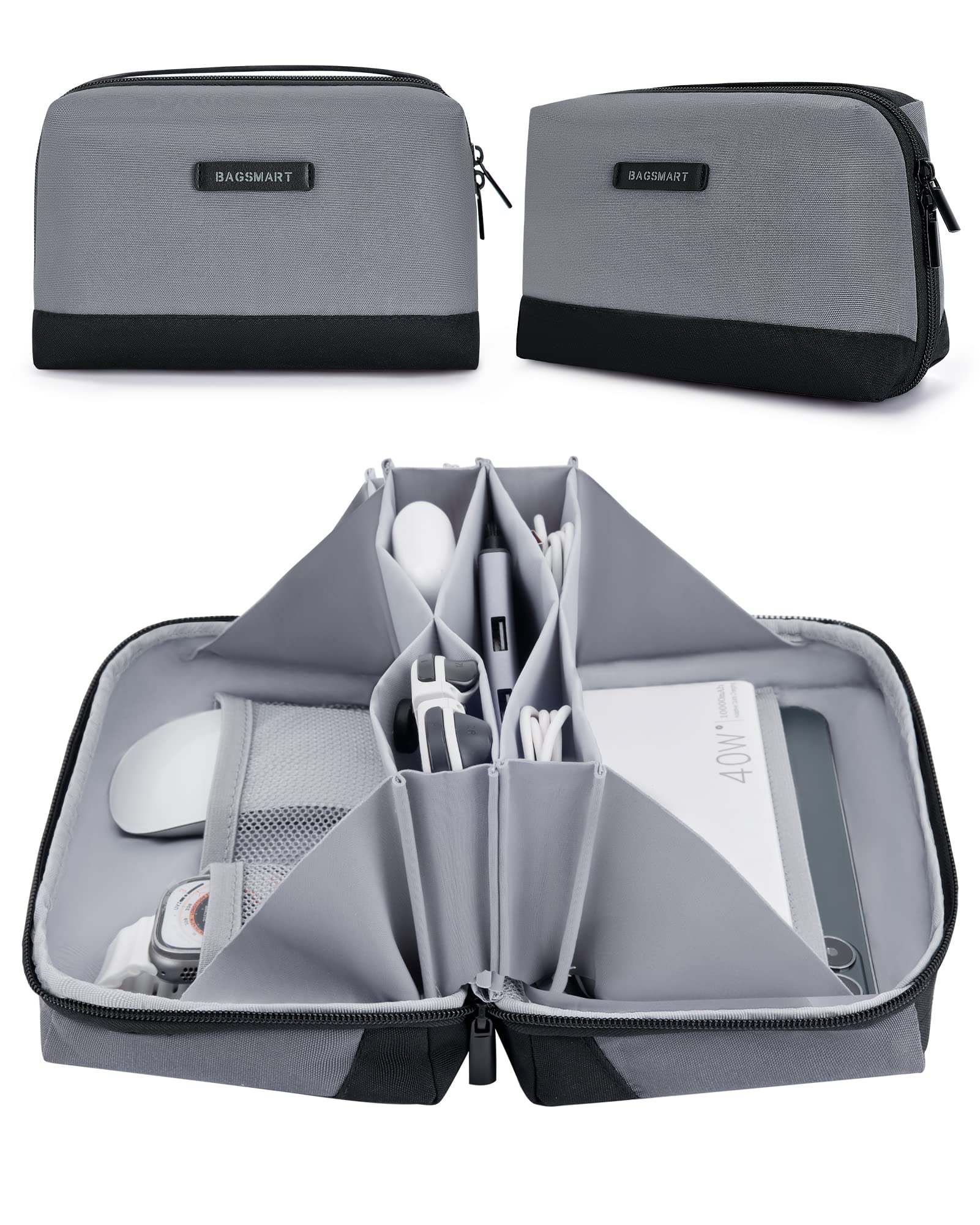 BAGSMART Electronics Organizer Pouch - Small Travel Tech Organizer Bag for Cables, Chargers & Accessories - Portable Cord Organizer with Handle for Men & Women (Grey) - Perfect for Business Trips, Vacations & Daily Commute