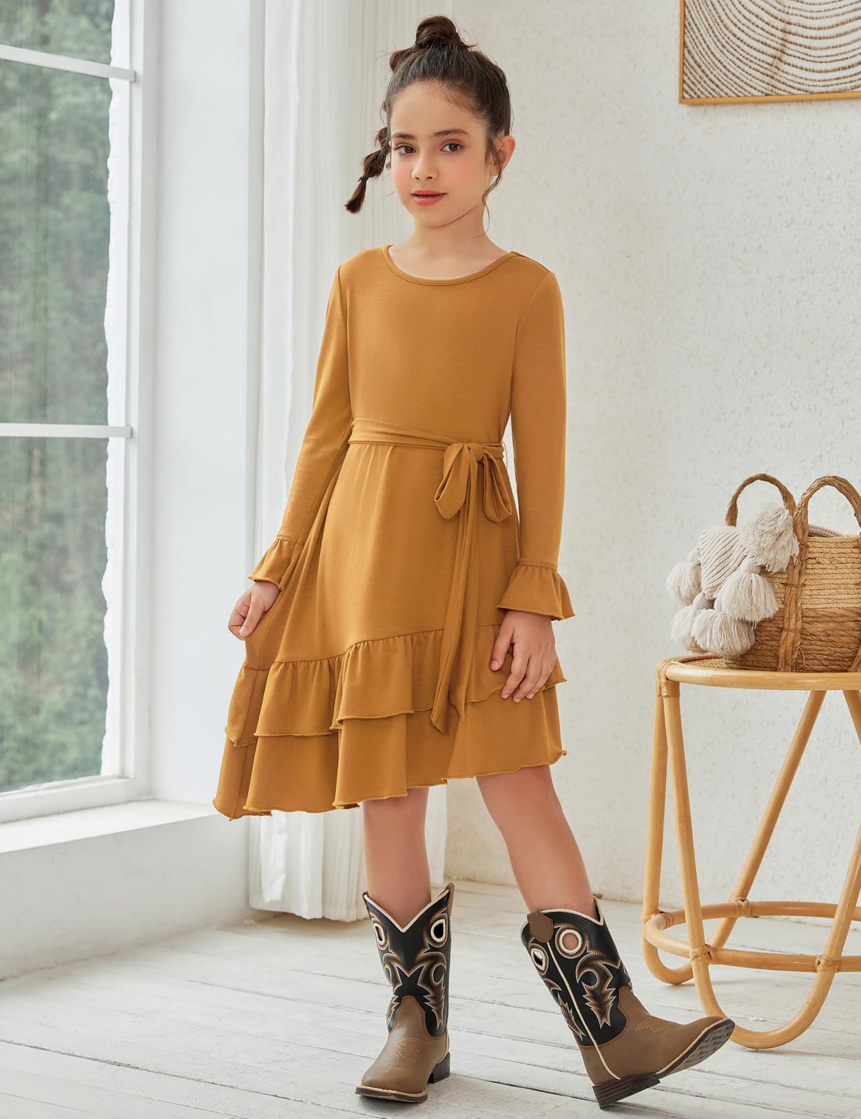 QPANCY Girls Long Sleeve Ruffle Swing Dress with Belt - Round Neck Casual Dresses for Toddler & Kids | Perfect for School, Parties & Family Outings