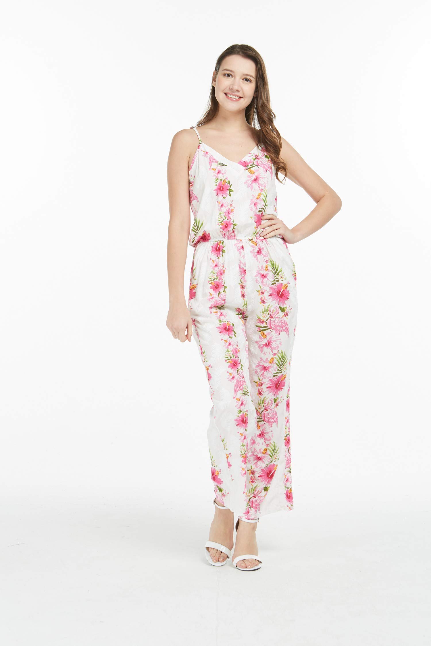 Women's Hawaiian Strap V-Neck Jumpsuit with Pockets - Pink Hibiscus Vine Print - Beach Vacation, Summer Outfit, Casual Wear