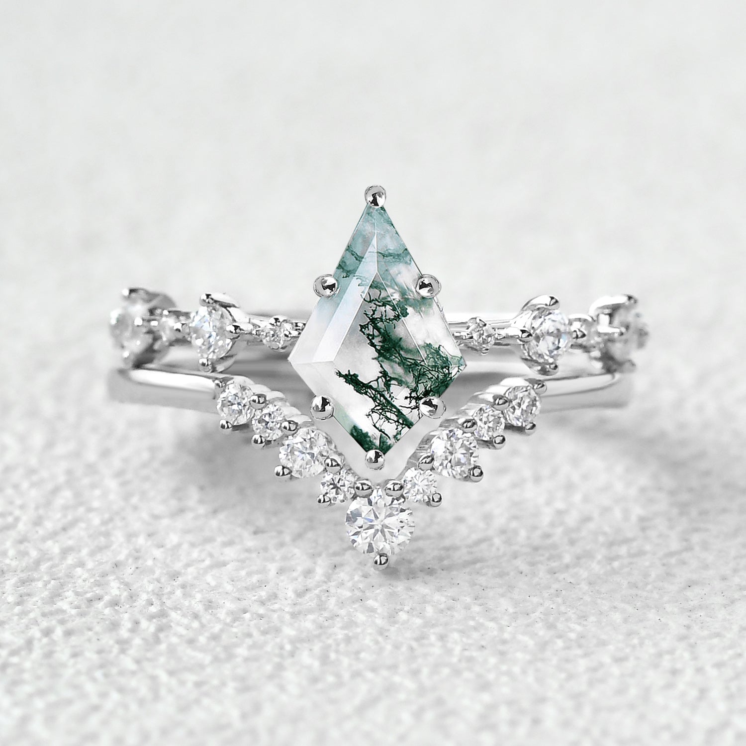Natural Green Moss Agate Kite Cut Engagement Ring Set - 2 Piece Bridal Jewelry for Women, Wedding Proposal, Anniversary Gift, Boho Chic Style