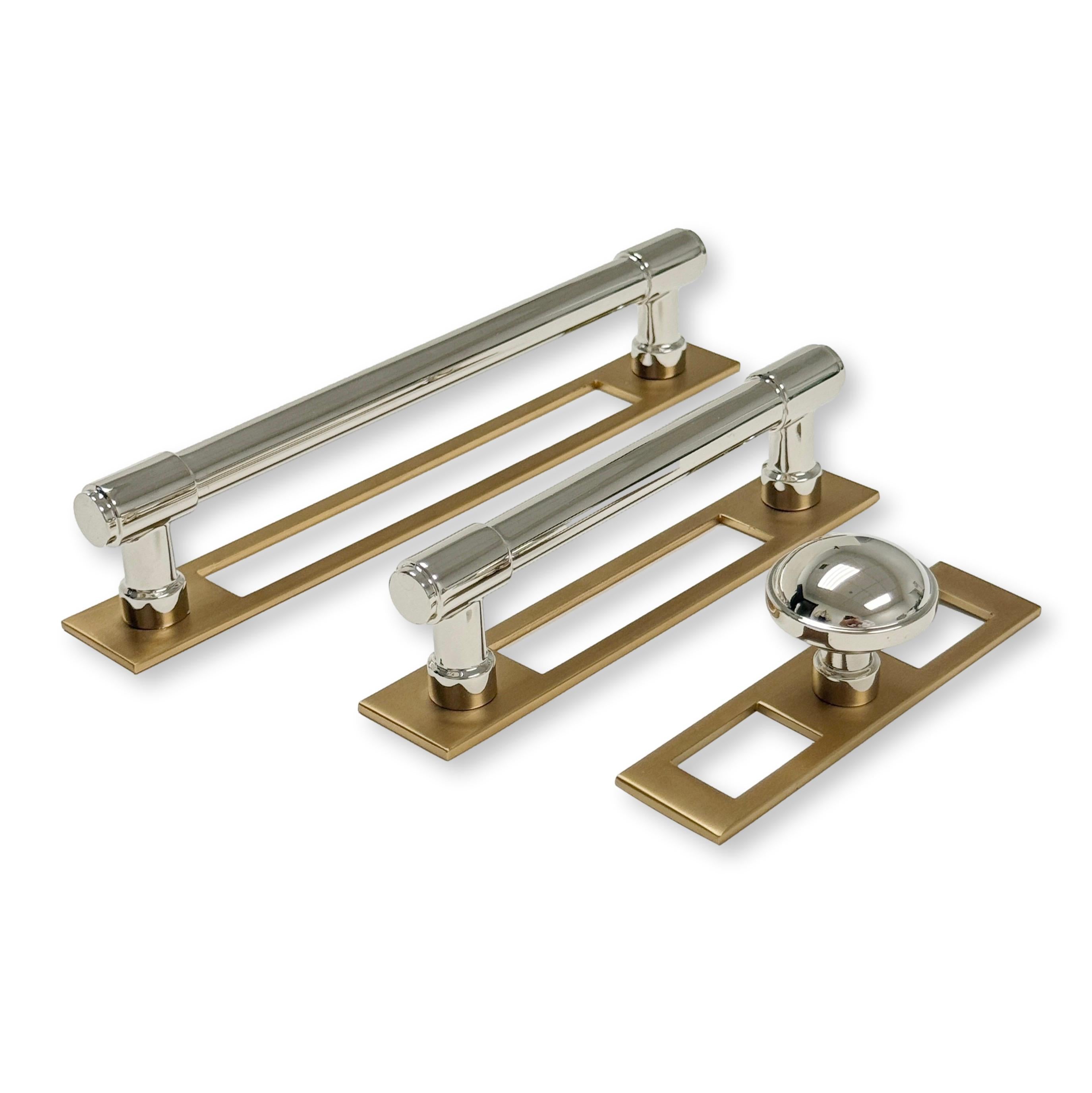 Champagne Bronze & Polished Nickel Cabinet Pulls and Knobs with Backplate - Modern Industrial Style Hardware for Kitchen Cabinets, Dressers & Furniture Drawers