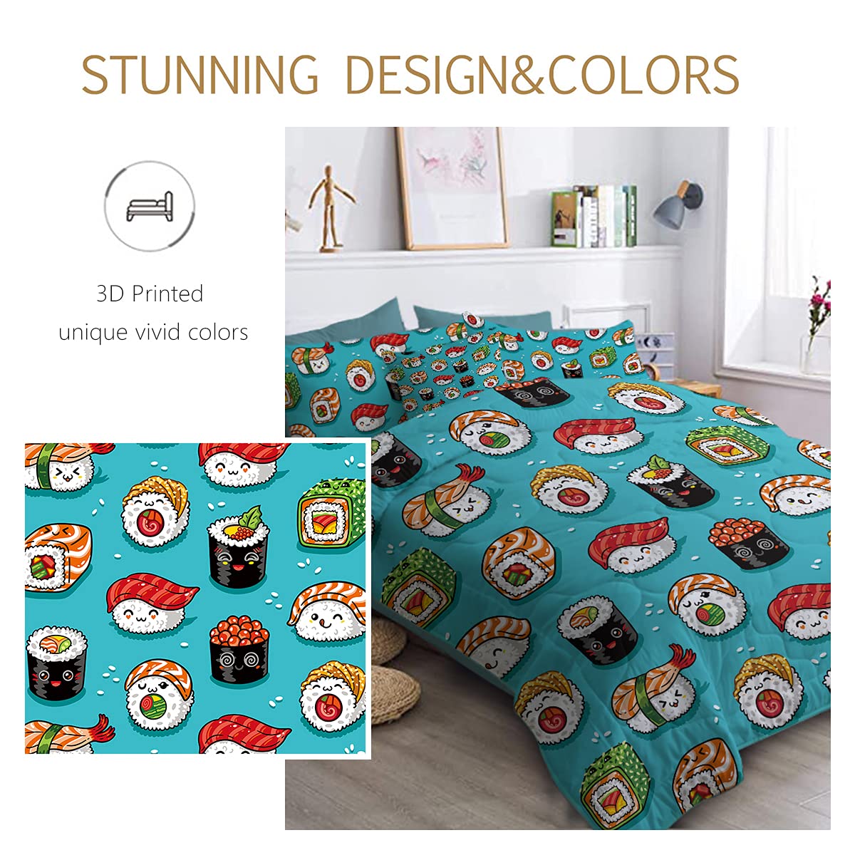 BlessLiving Sushi Queen 8-Piece Comforter Set - Kawaii Sushi Smiling Pattern Bedding Set with Comforter & Sheets, All-Season Down Alternative Duvet Cover for Girls & Women | Perfect for Teen Bedrooms, Dorm Rooms & Anime Lover Gifts