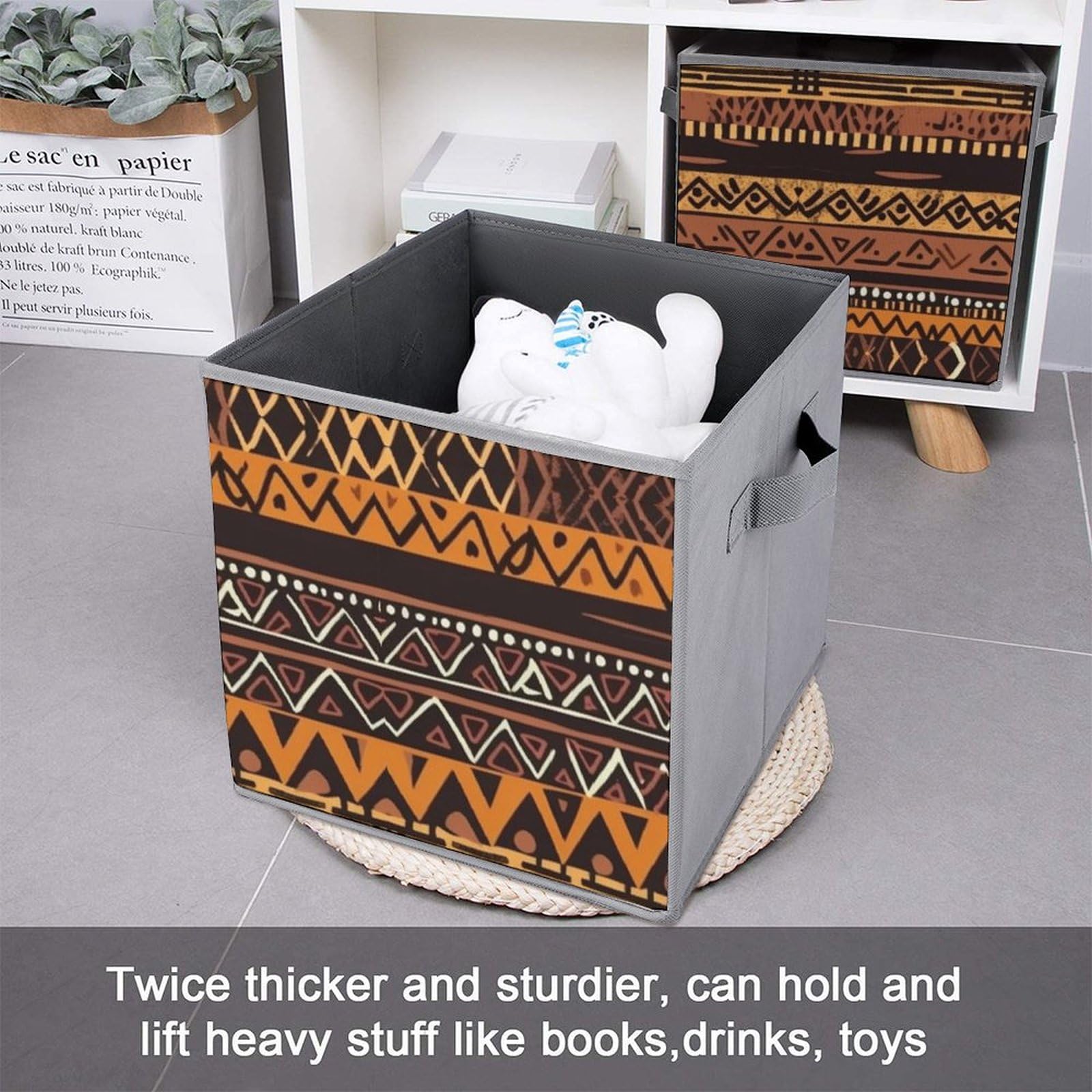 African Mud Cloth Tribal Storage Bins - 6 Pack Collapsible Fabric Baskets with Handles for Closet, Bedroom & Home Organization | Large Storage Cubes for Clothes, Toys & Household Items