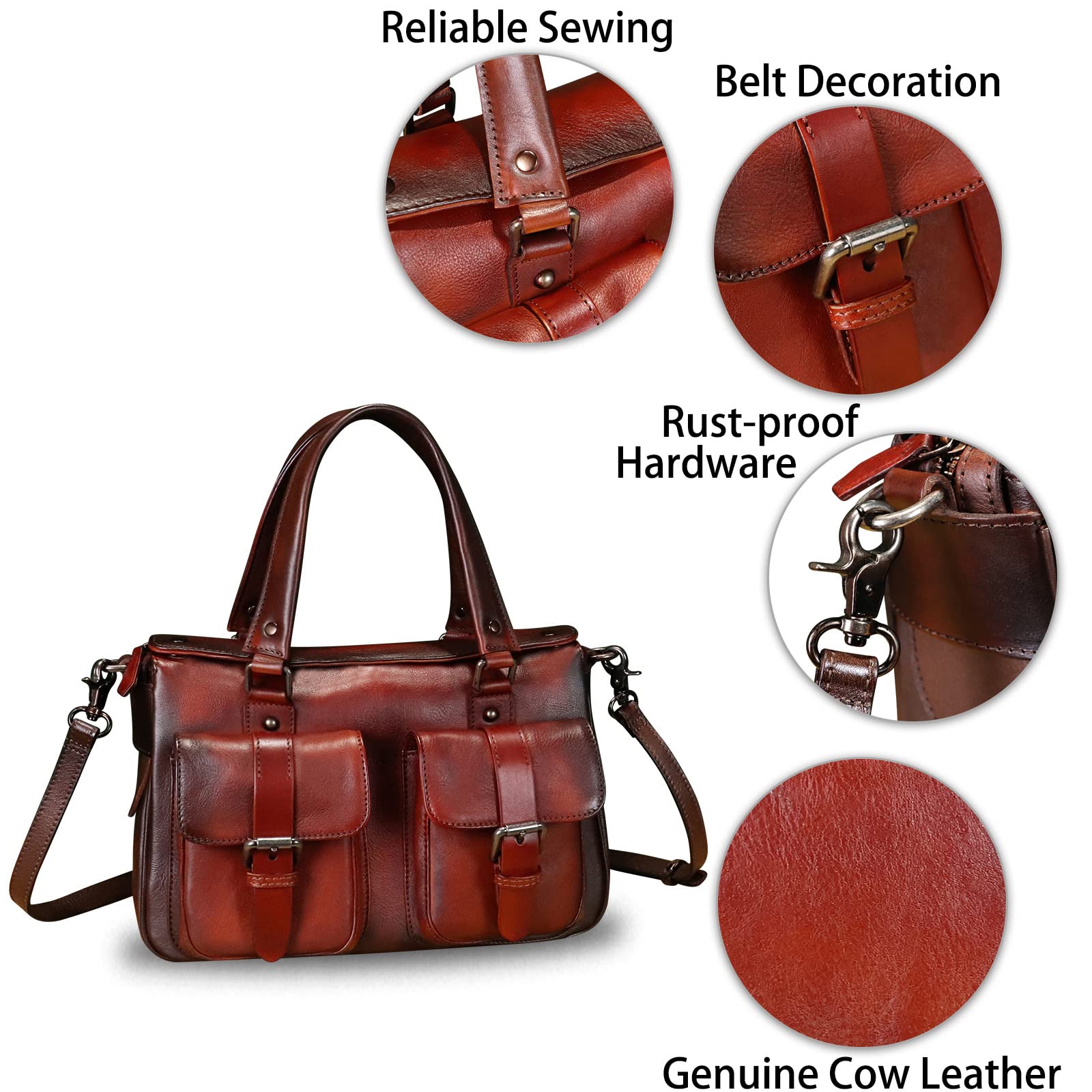 Genuine Leather Satchel Purse for Women - Retro Cowhide Handmade Top Handle Shoulder Bag - Designer Crossbody Purse - Perfect for Work, Travel & Everyday Use